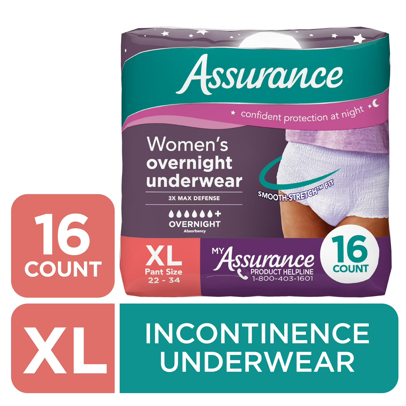 Assurance Women’s Incontinence Postpartum Underwear XL Overnight 16 Ct