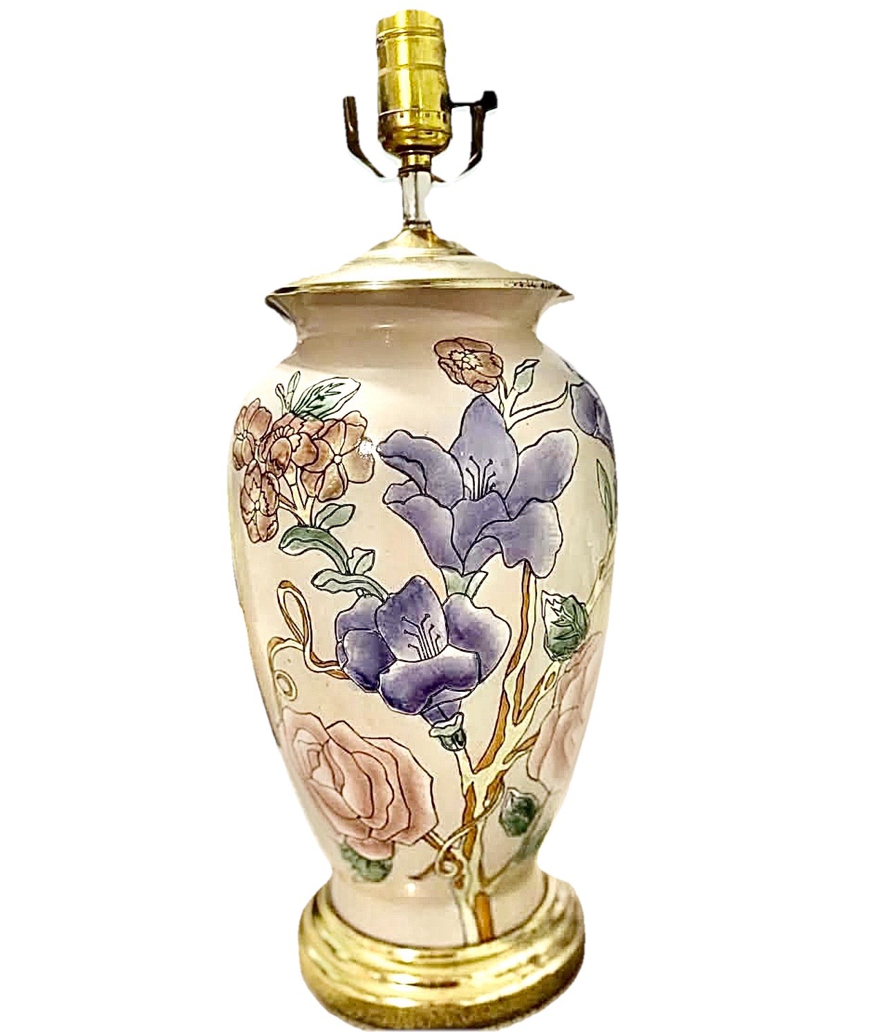 Vintage Floral Porcelain Table Lamp Pink Purple Roses Brass Grandmillenial Chic