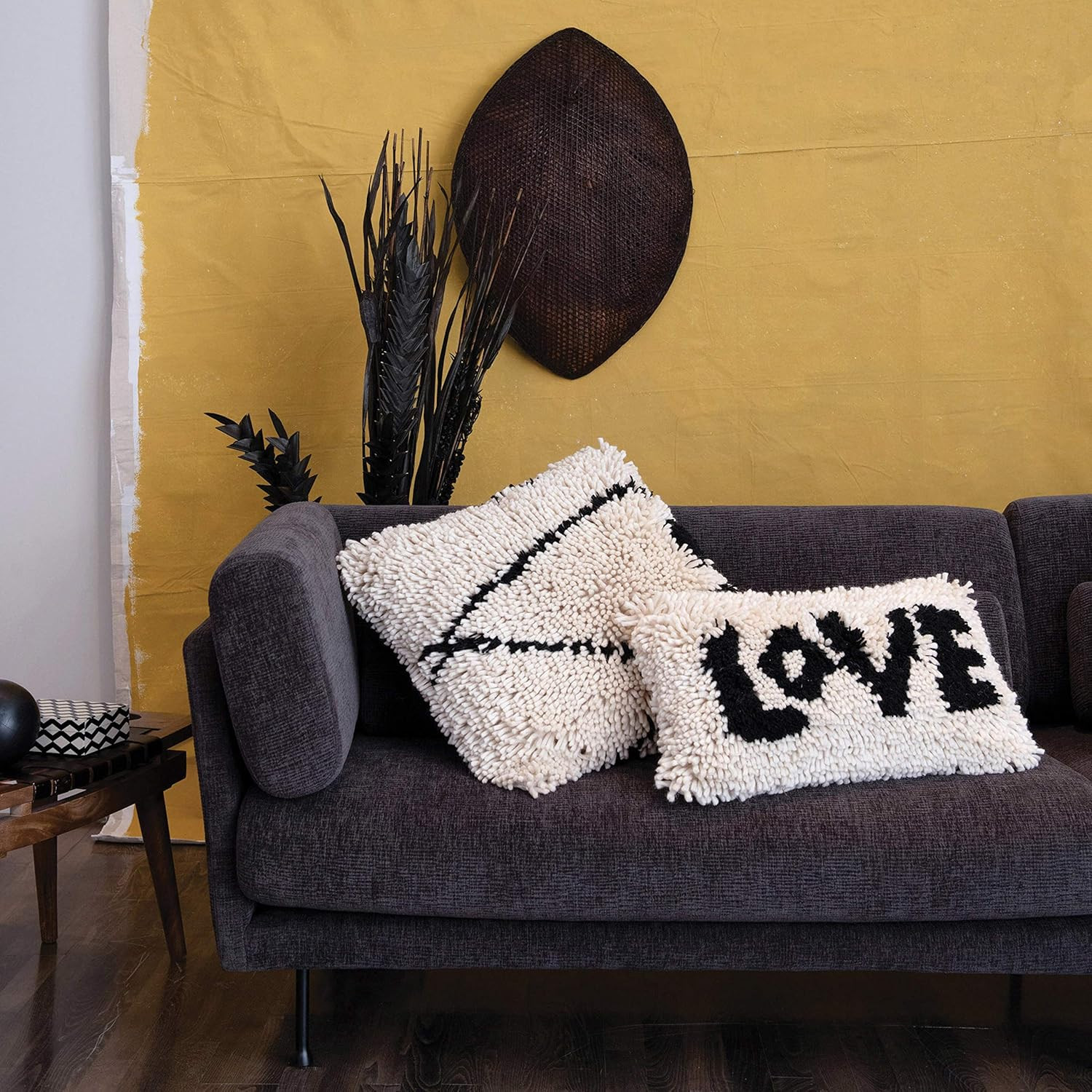 Woven Wool Shag Lumbar Pillow with Love Design, Black and Cream