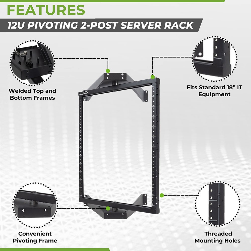 12U Wall Mount Flat Pack Pivoting Open Frame Network Server Rack Low Profile