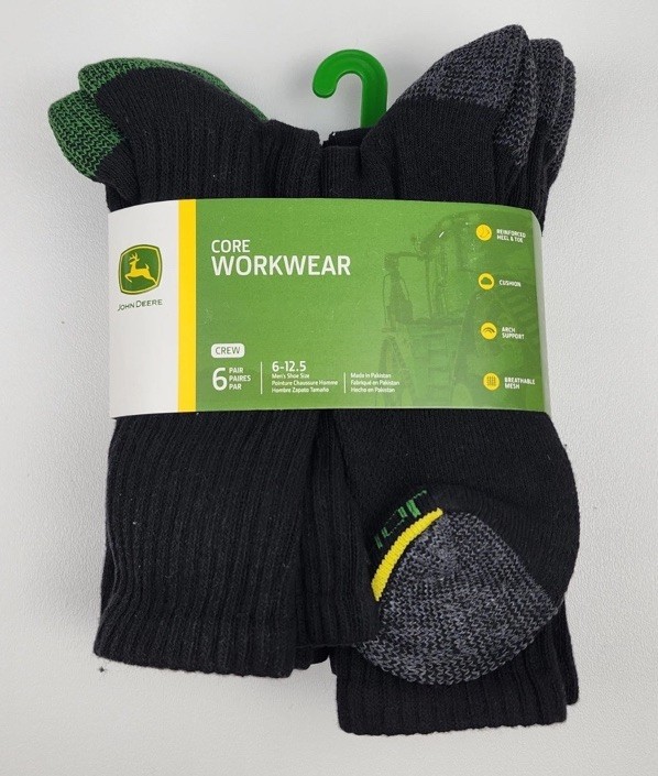 John Deere Core Workwear Crew Socks 6 Pair Pack Men’s 6–12.5 Cushioned New WTags