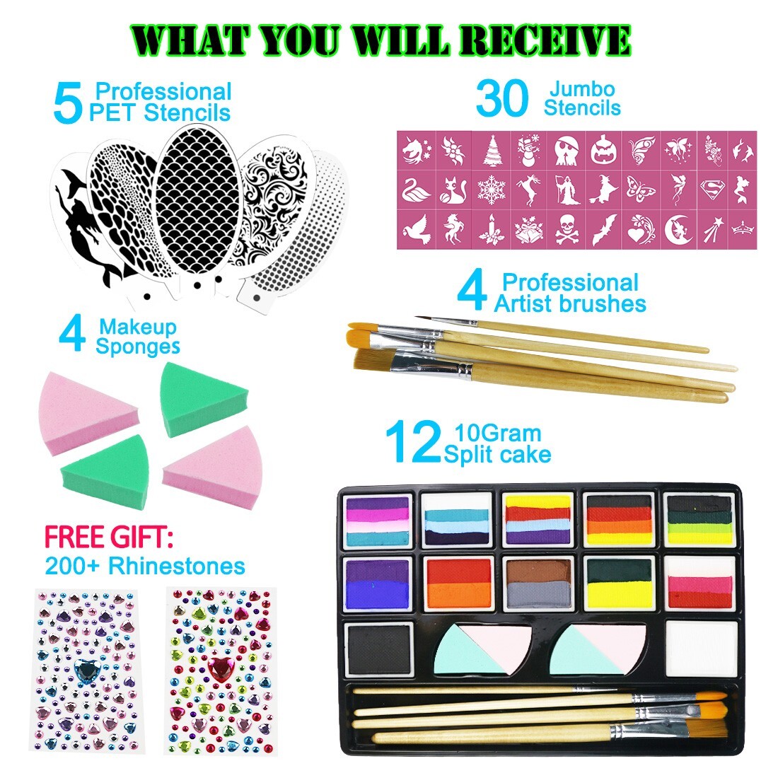 Bowitzki Professional Face Paint kit Split Cakes 1 Stroke Body Paint Brushes Set