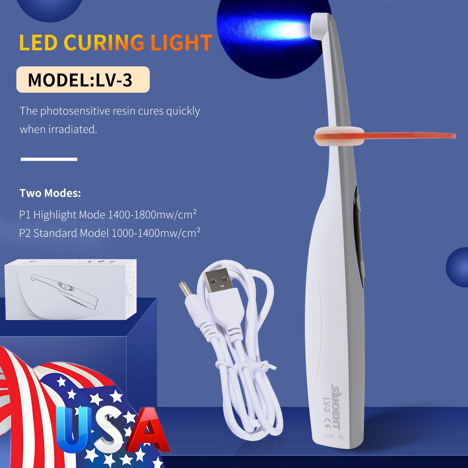 LED Wireless Curing Light Dental 1 Second Cure Lamp metal head 2500mW/c㎡ LV3 SA