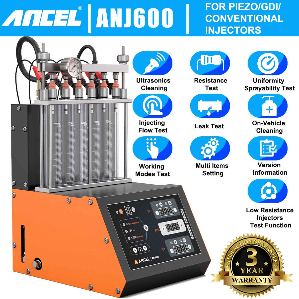 ANJ600 6 Cylinder Piezo GDI EFI Ultrasonic Fuel Injector Cleaner Tester Machine