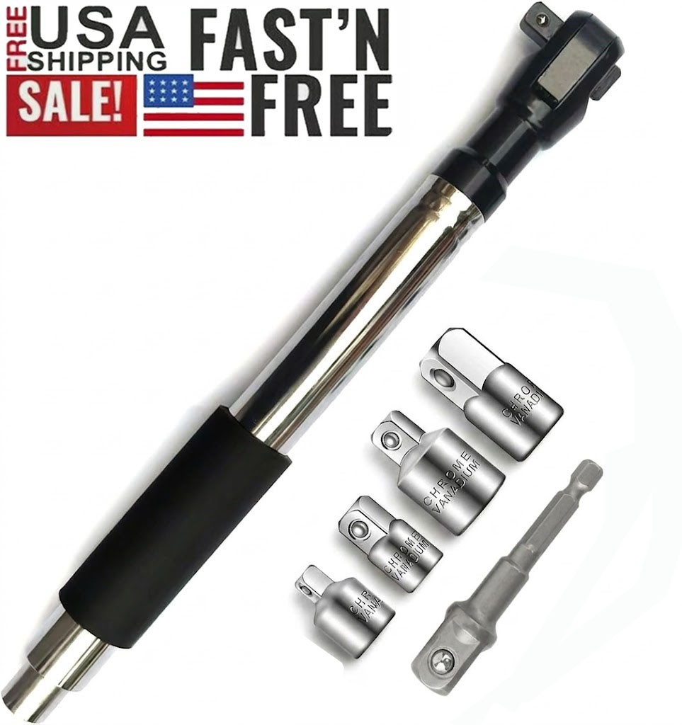 1/2" Drive Offset Extension Wrench Impact Ratchet with 4 Adapters Tool Set