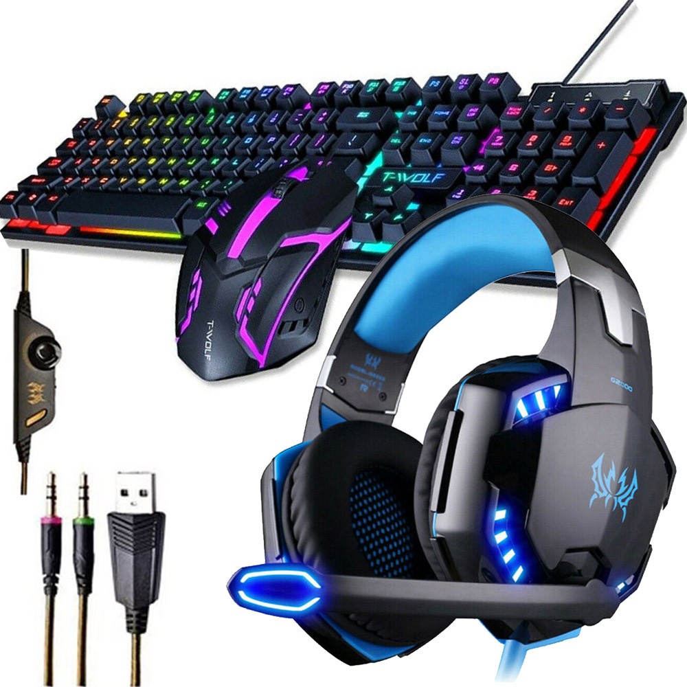 PC Gaming Gamer Keyboard & Mouse Bundles RGB LED & Headset Mechanical Kits Set