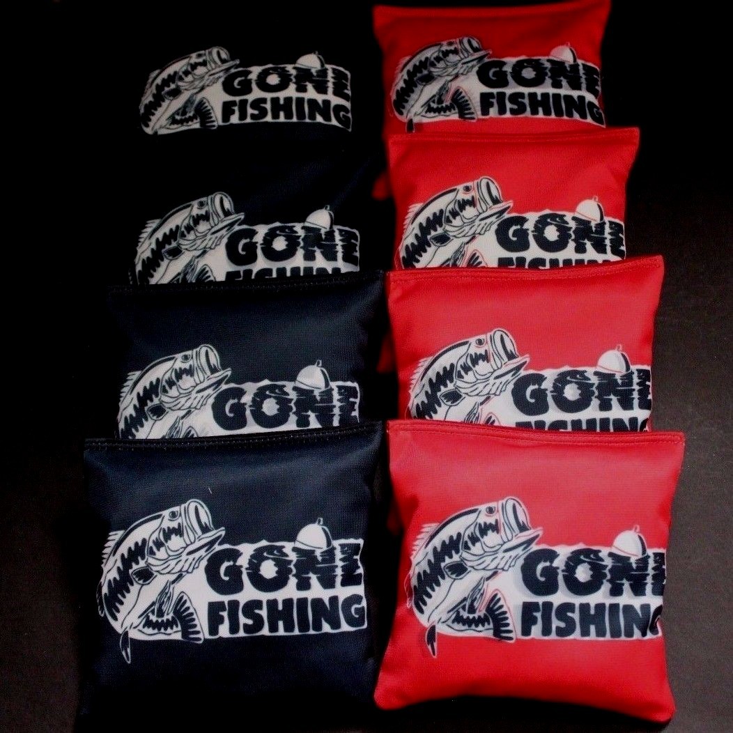 GONE FISHING CATCH YOU LATER RED AND BLK  ACA Regulation Cornhole Bean Bags B245