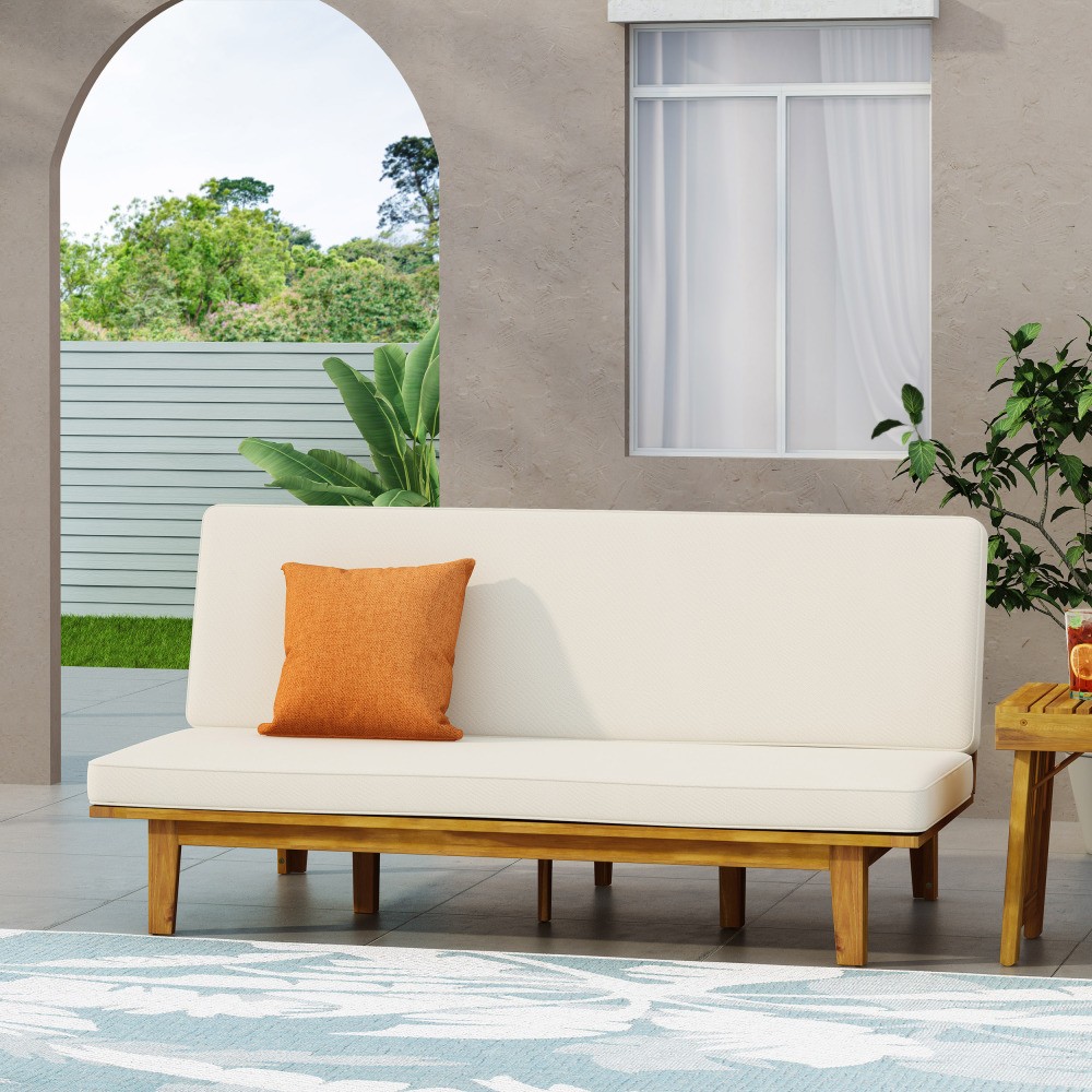 Acacia Wood Daybed w/ Waterproof Cushion, Converts to Bed, Beige