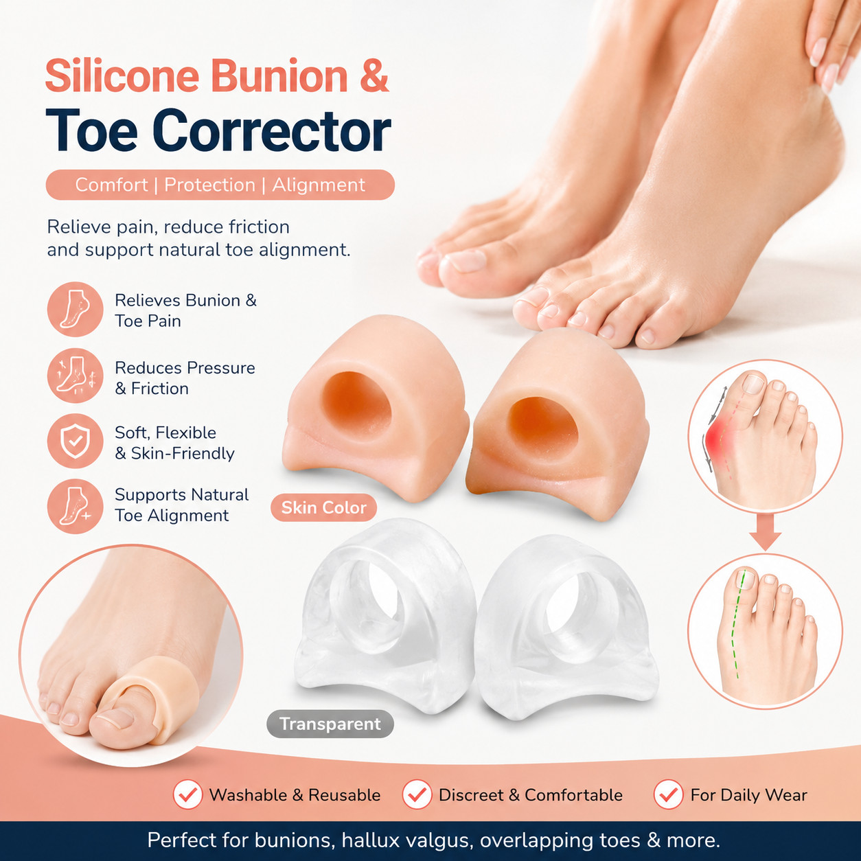 1Pair Gel Silicone Bunion Corrector Toe Separator Hallux Valgus Straightener