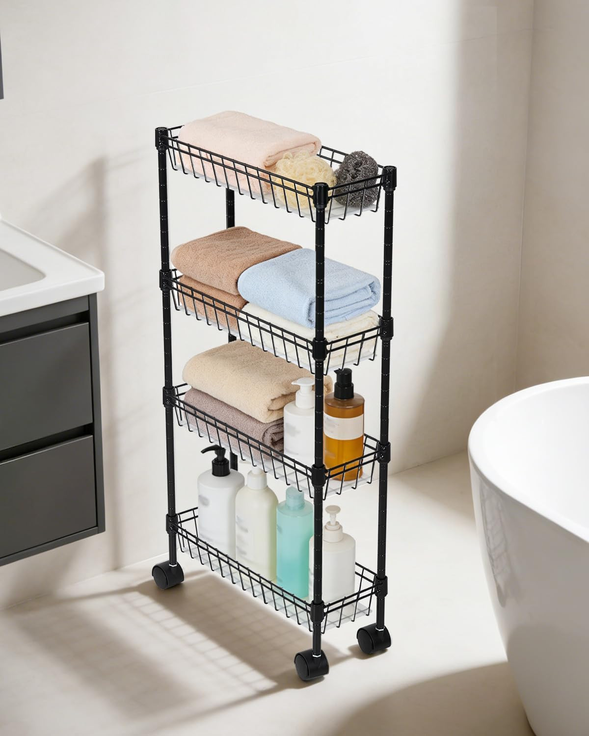 4-Tier Slim Rolling Storage Cart, Metal Utility Cart on Wheels, Multi-Functional