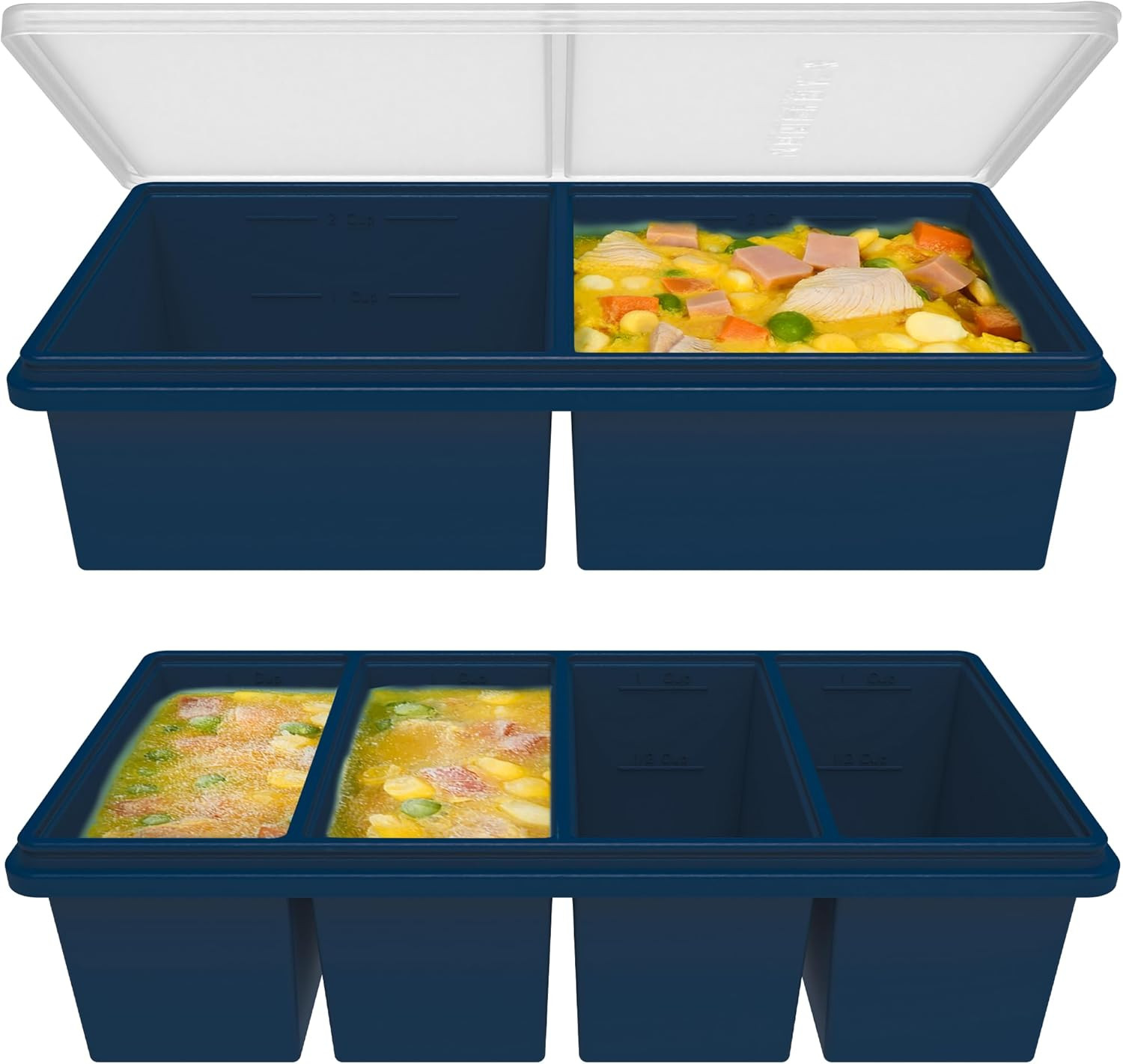 Silicone Freezer Trays with Lids, 2 Cup & 1 Cup Soup Container Style Ice Cube Tr
