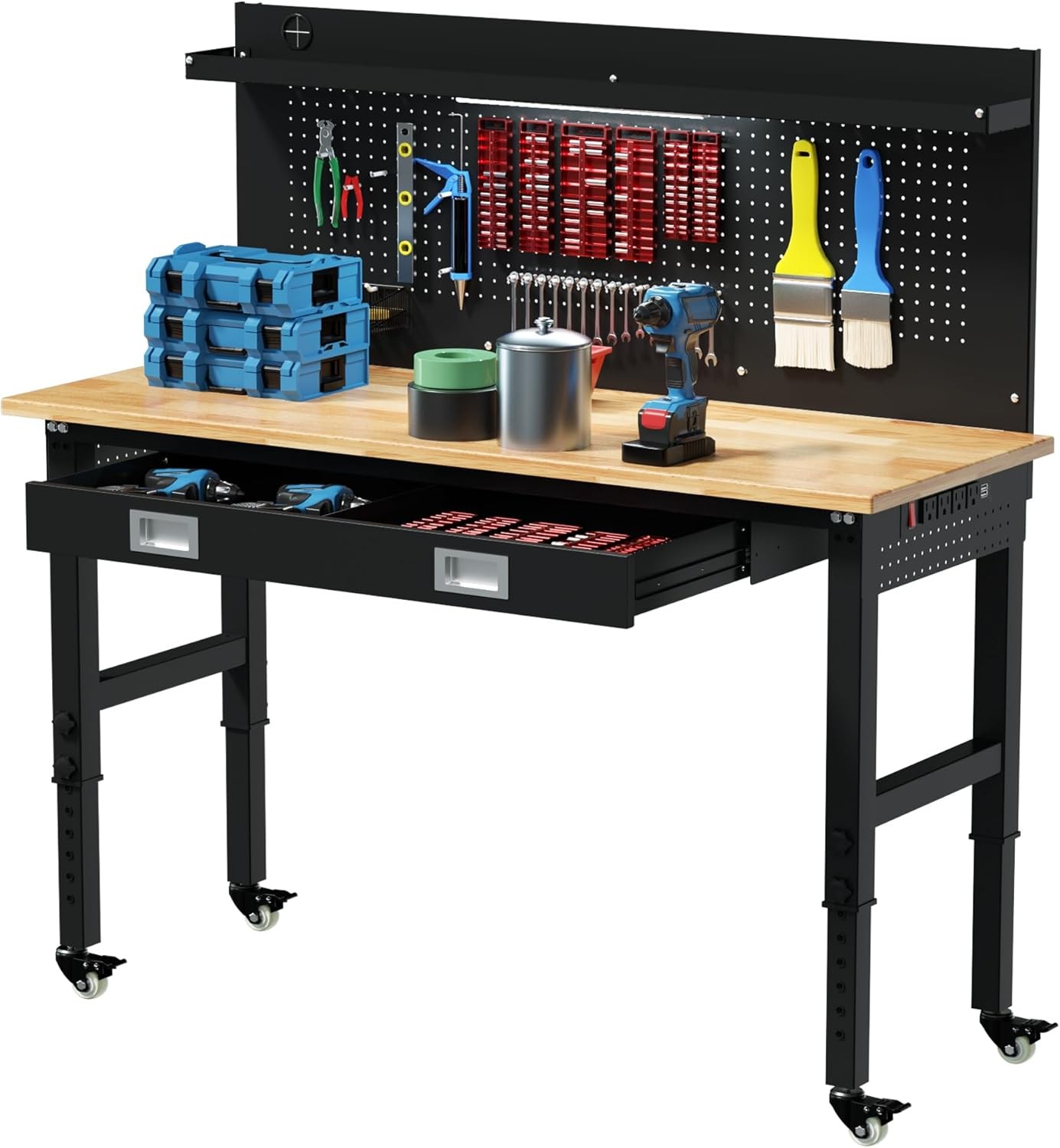 60" Heavy Duty Adjustable Workbench with Large Pegboard & LED Light, Adjustable