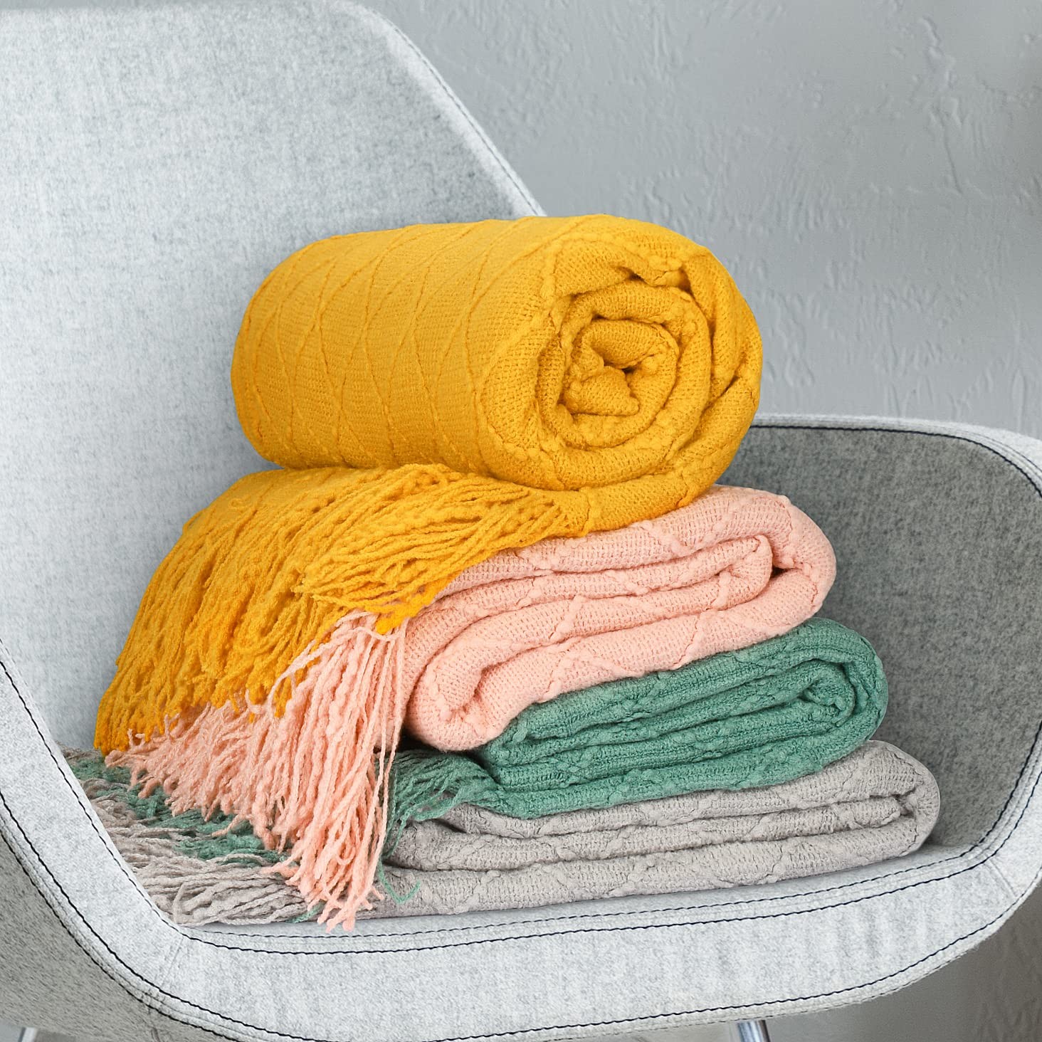 Teal Green Knitted Throw Blanket for Couch, Decorative Blanket with Fringe, A...