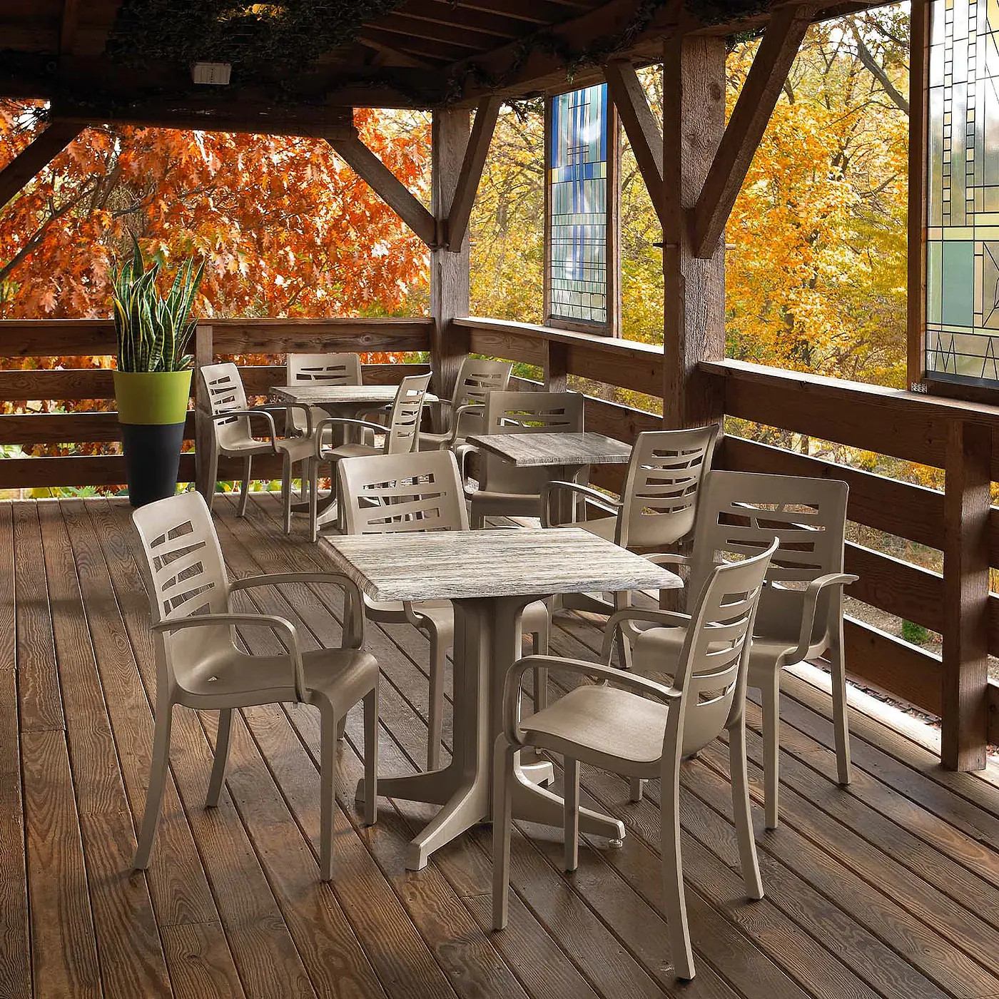 Grosfillex US118181 Essenza Taupe Resin Outdoor Stacking Armchair - 16 Per Set