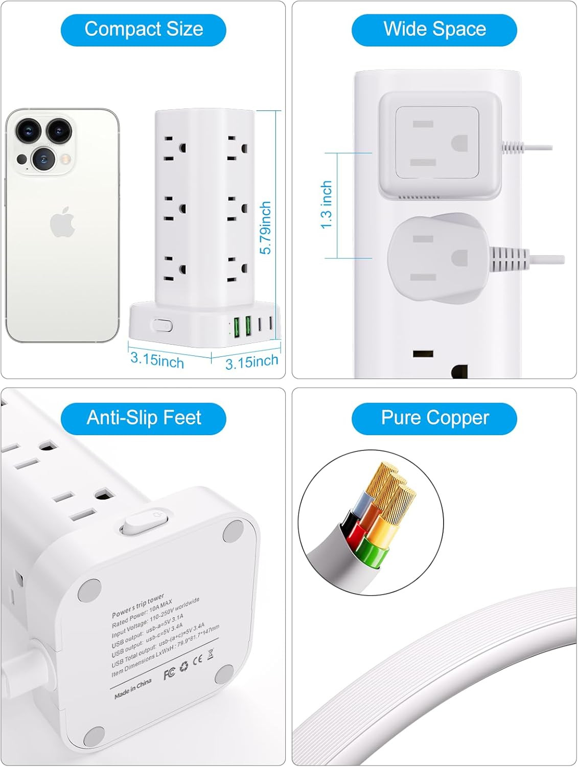 Power Strip Tower with Multiple Outlets, Flat Plug Surge Protector Tower Extensi
