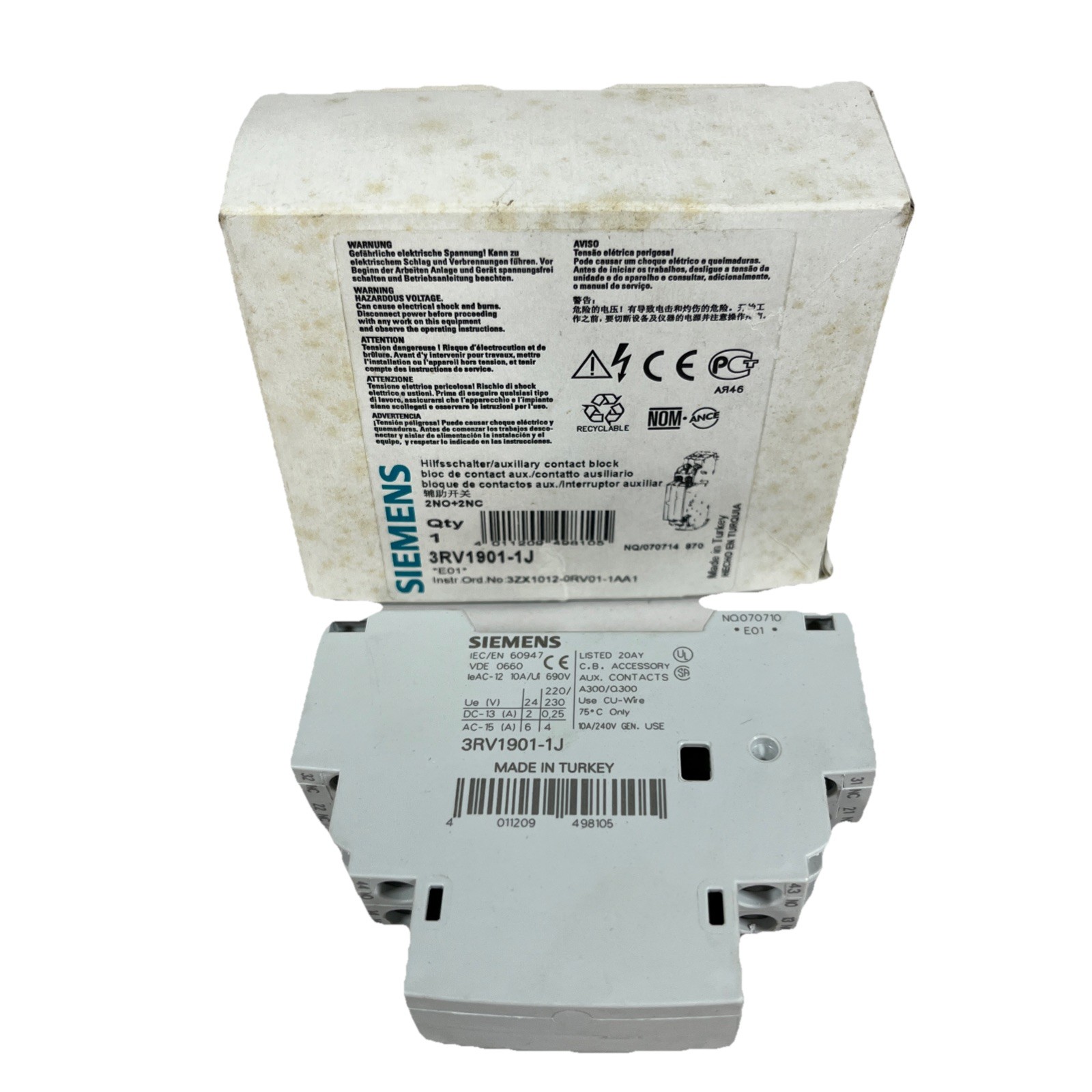 1 NIB SIEMENS 3RV1901-1J 3RV19011J AUXILIARY CONTACT BLOCK 2NO 2NC