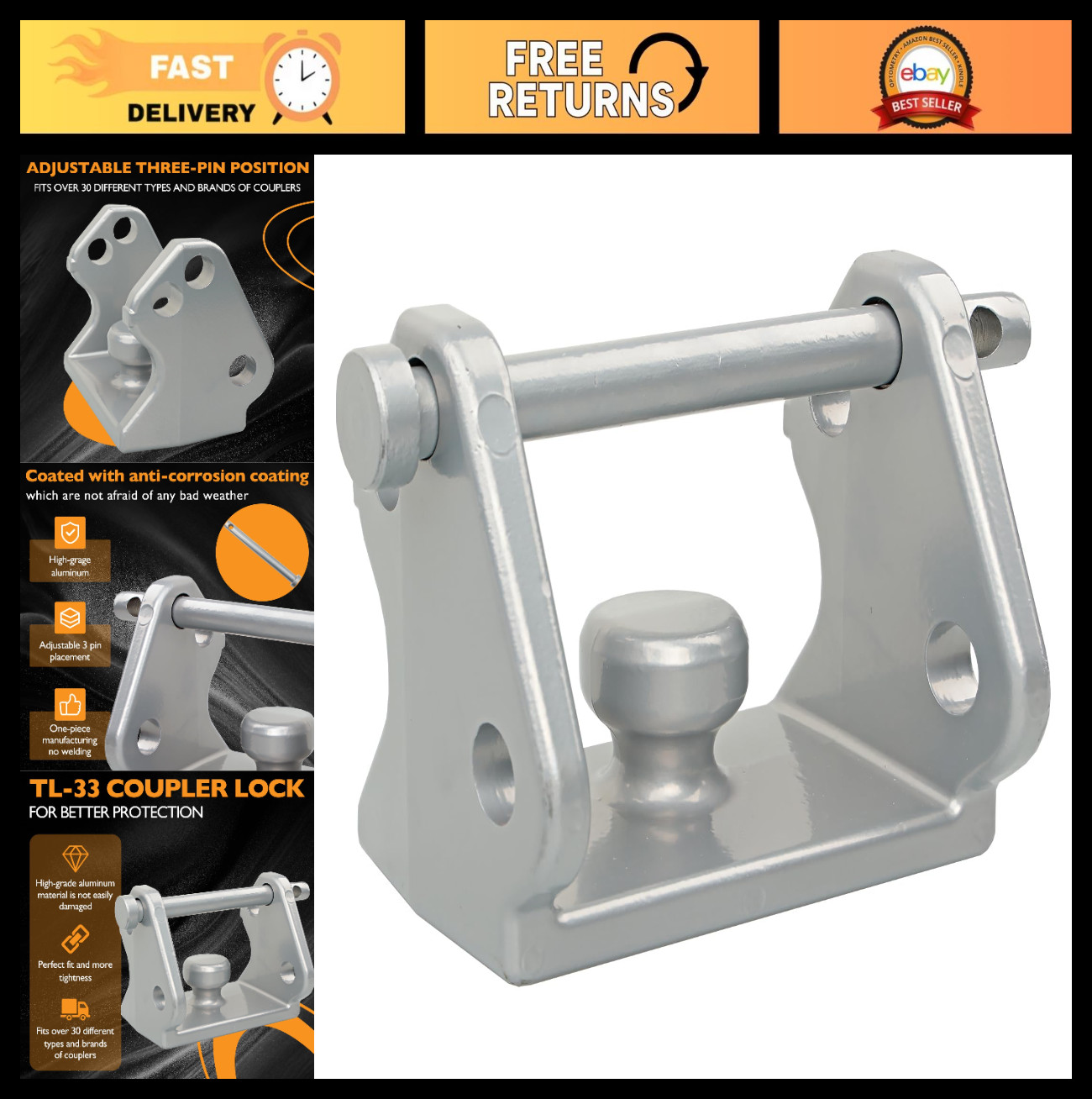 Heavy-Duty Trailer Hitch Lock & Coupler Lock with Pin, Fits 2" to 2-5/16" - Silv