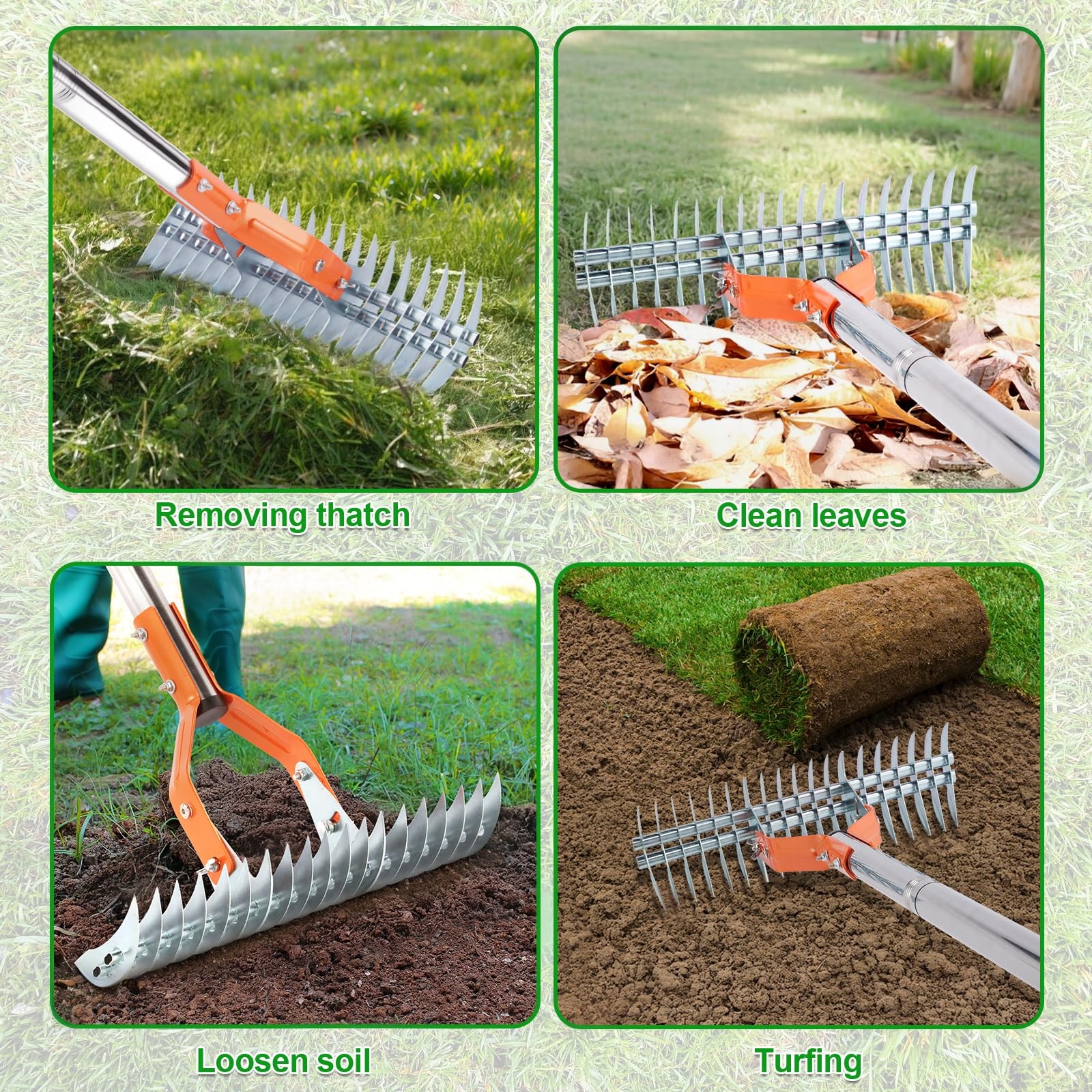 Thatch Rake, 15 Inch Lawn Thatching Rake, Heavy-Duty Dethatcher Rake with Glo...