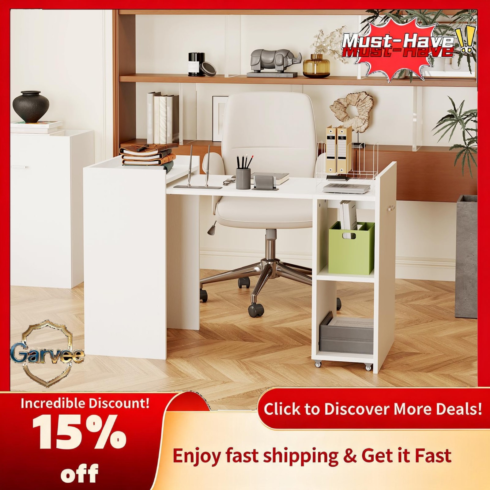 Expandable Foldable Desk 50" 2-Tier Storage Wheels Space-Saving Study
