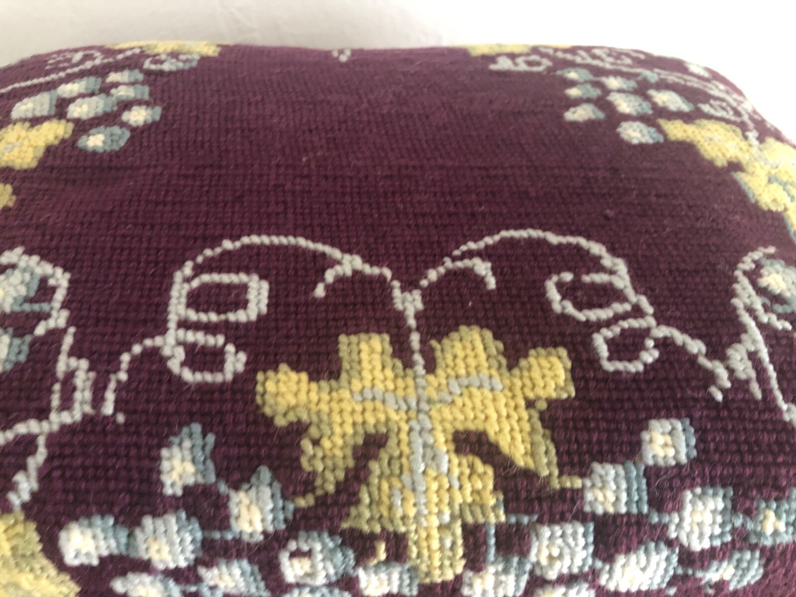 Antique Foot Stool Needlepoint Grapes & Leaf on Plum Background Wool 10" Tall
