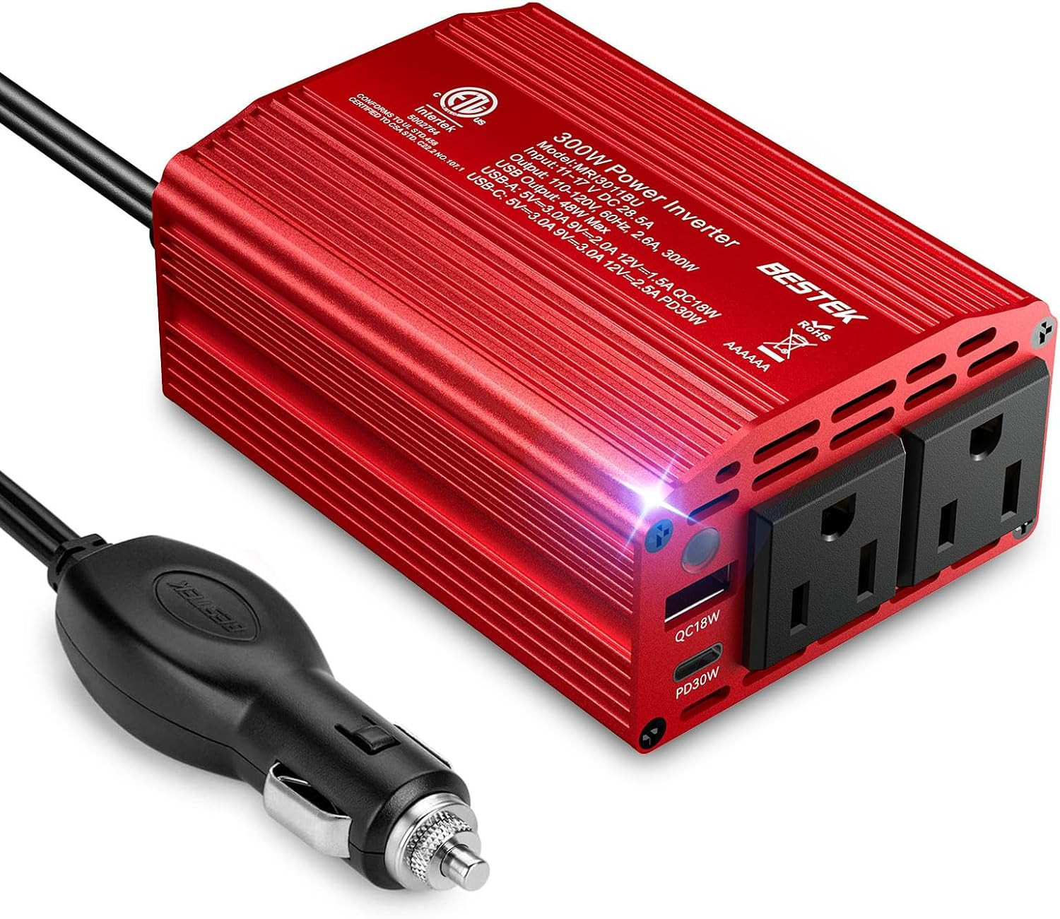Power Inverter DC 12V to AC 110V - 300W Car Plug Adapter Outlet with PD30W Type