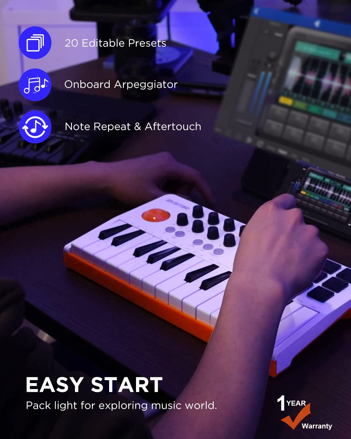 25 Key USB MIDI Keyboard Controller With Bluetooth, Professional Mini Midi Keybo
