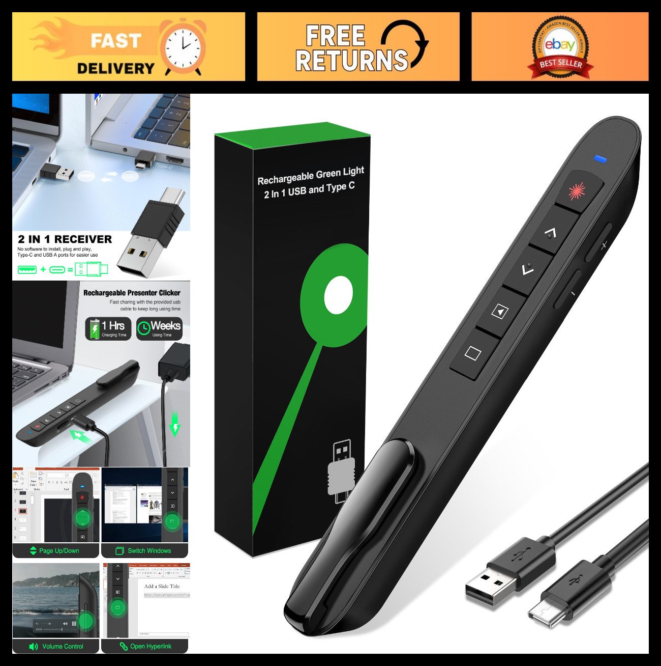 USB-C Rechargeable Presentation Clicker - Wireless Remote for PowerPoint, Keynot