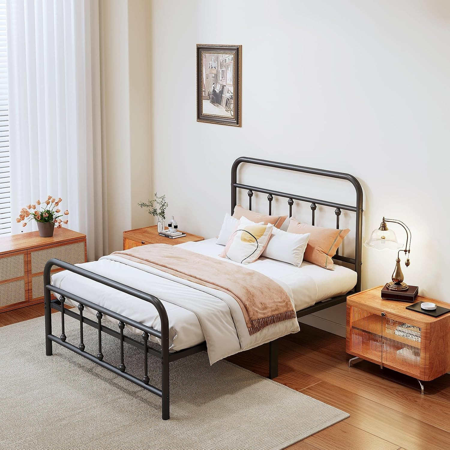Twin Metal Bed Frame with Headboard, Heavy Duty, No Box Spring Needed, Black