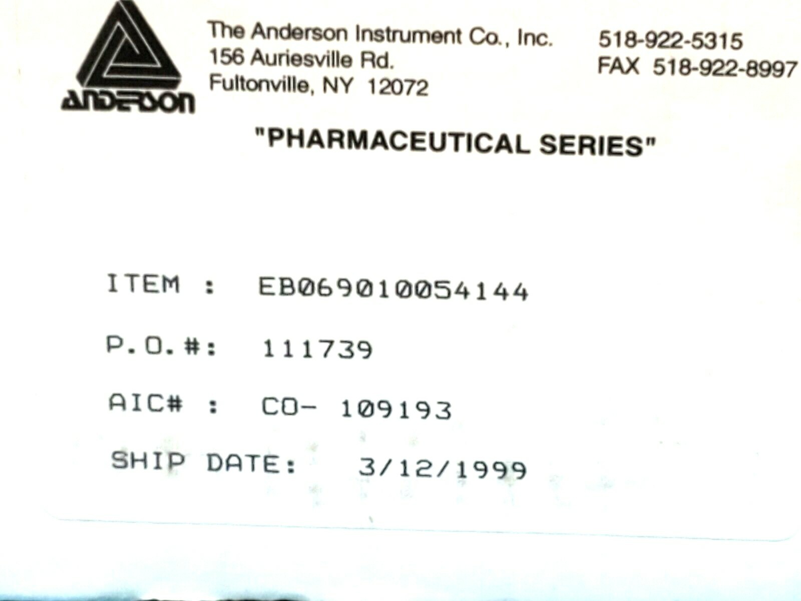 NIB ANDERSON INSTRUMENTS EB069010054144 PHARMACEUTICAL GAUGE 0-60PSI