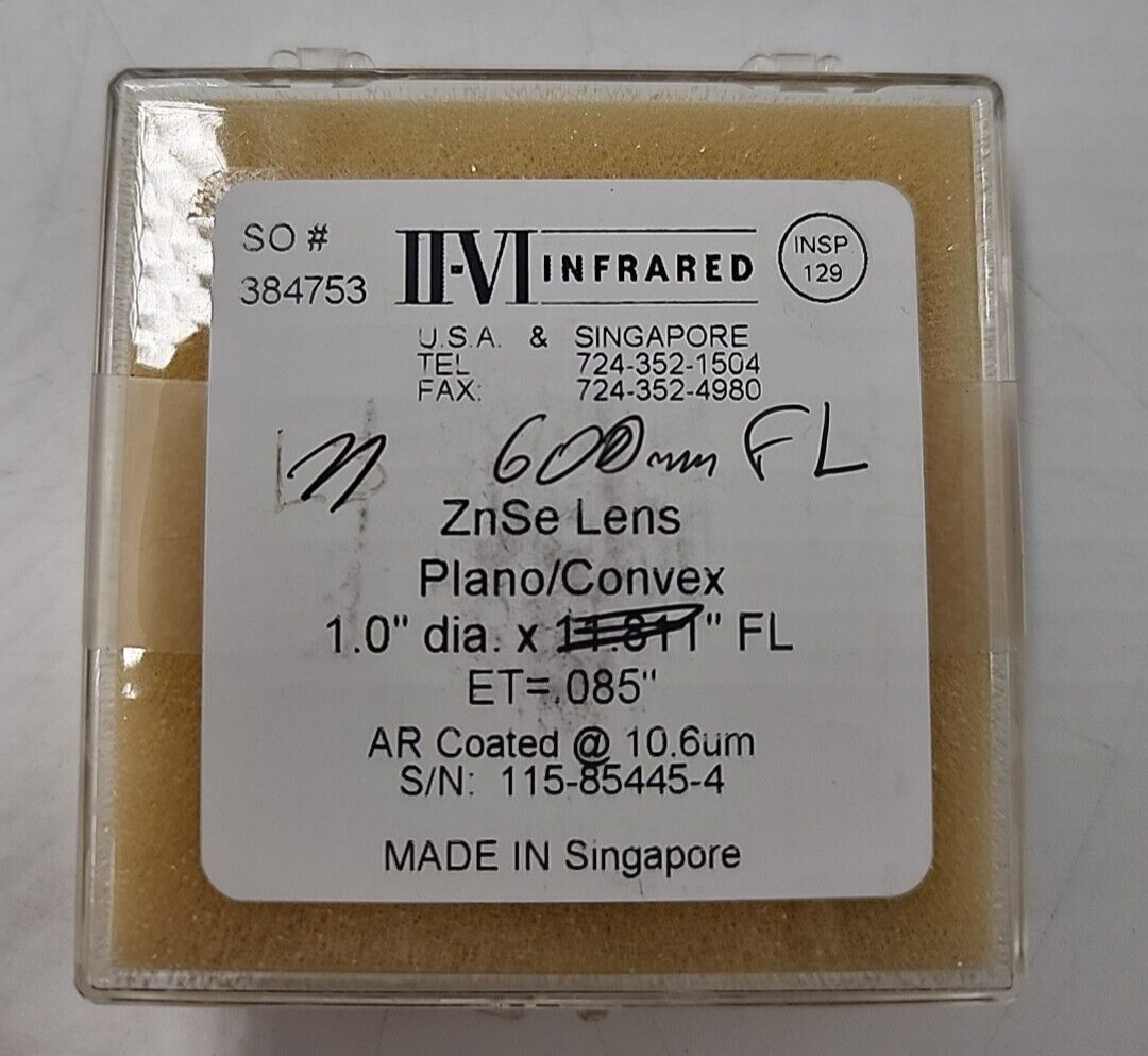 IIVI Infrared ZnSe Lens Plano/Convex 1.0"dia 600mmFL ET=.085" AR Coated @ 10.6um