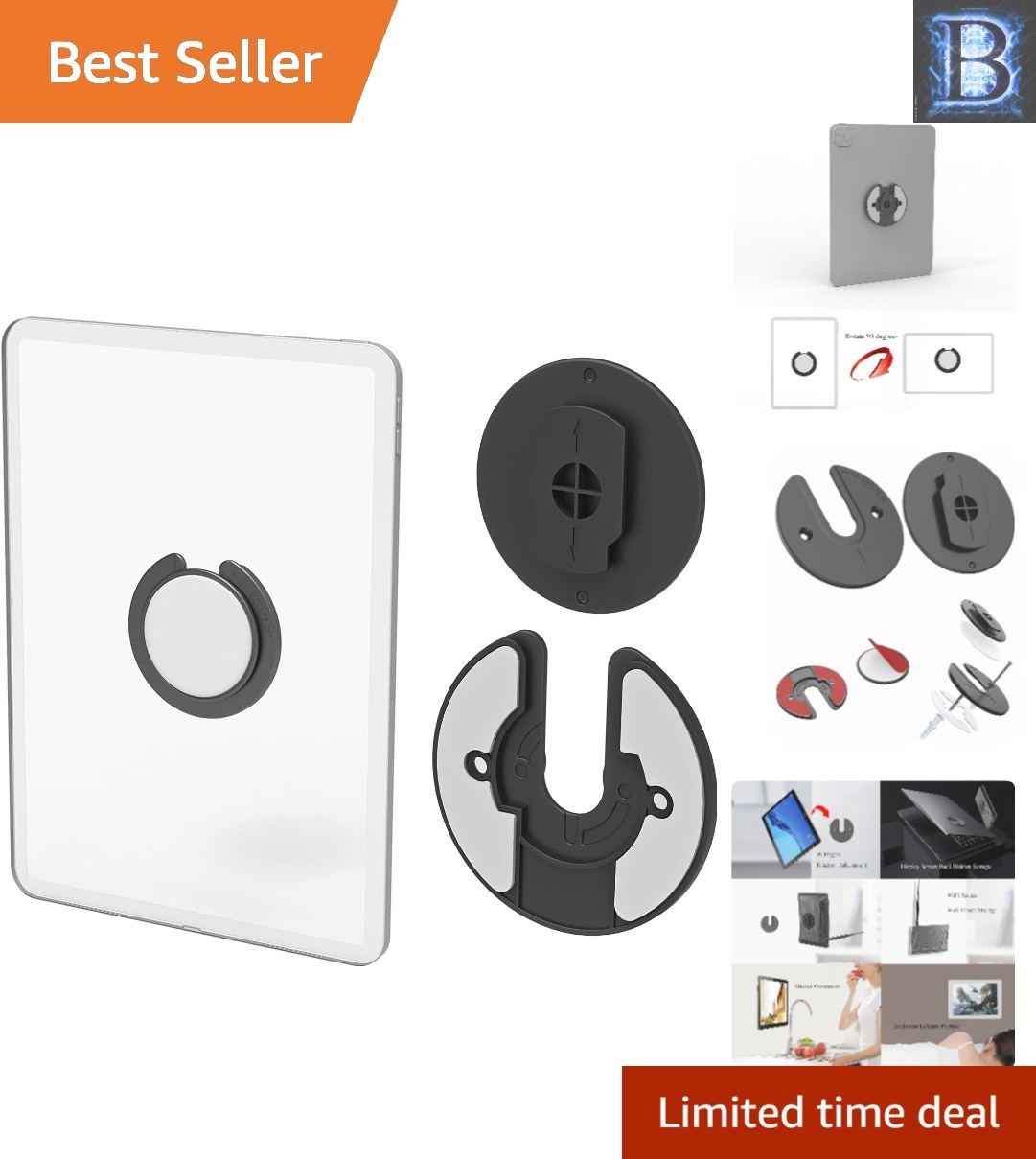 Compact 90° Rotatable Tablet Holder - Wall Mount for E-Readers & More (2 Packs)