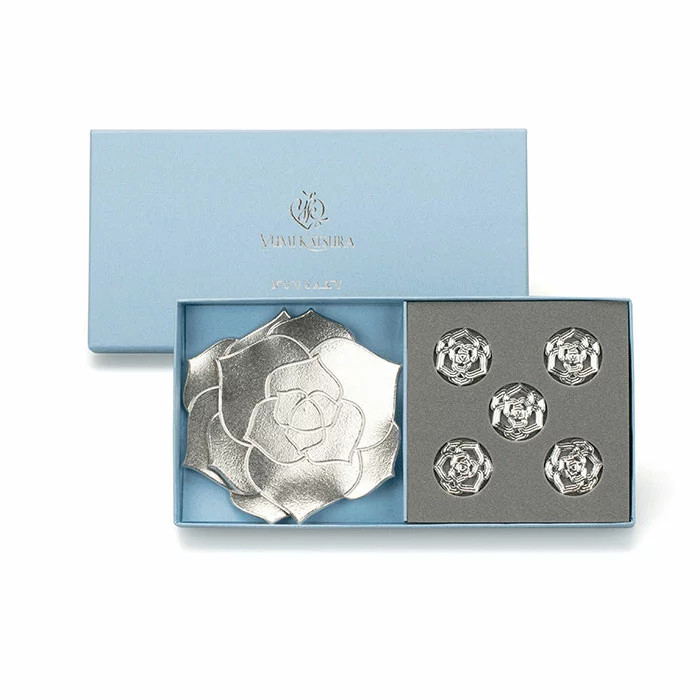 NOUSAKU Yumi Katsura Rose Set Japan Tin 100% Flower Tray 2 Chopstick Rest 5 Gift