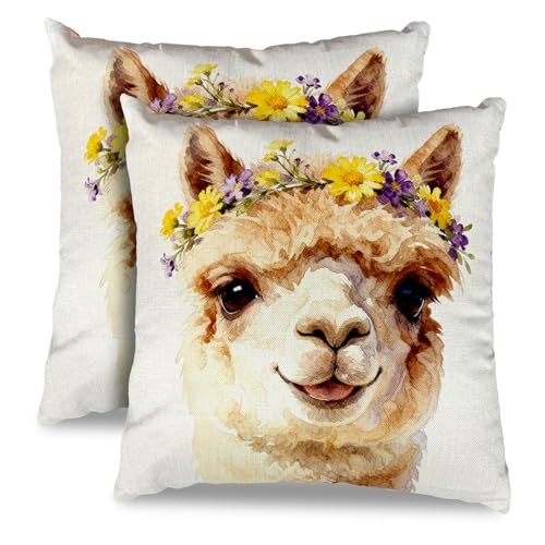 Set of 2 Floral Animal Pillow Covers 18x18 Inch,Cute Throw Pillow Alpaca