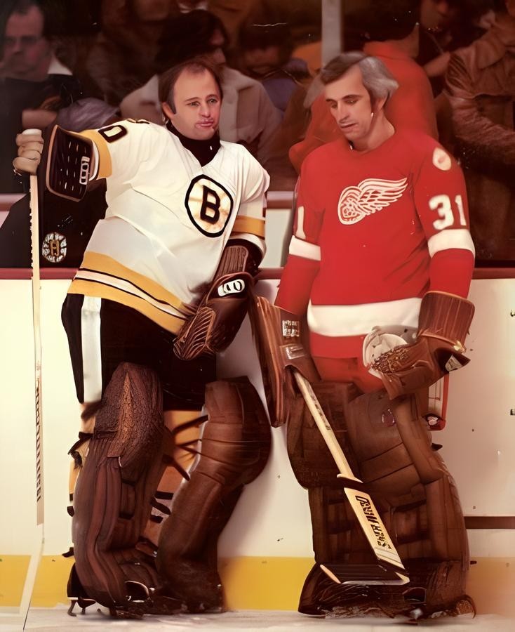 HOCKEY PHOTO PRINT NHL  DETROIT ED GIACOMIN  TALK WITH GERRY CHEEVERS BOSTON