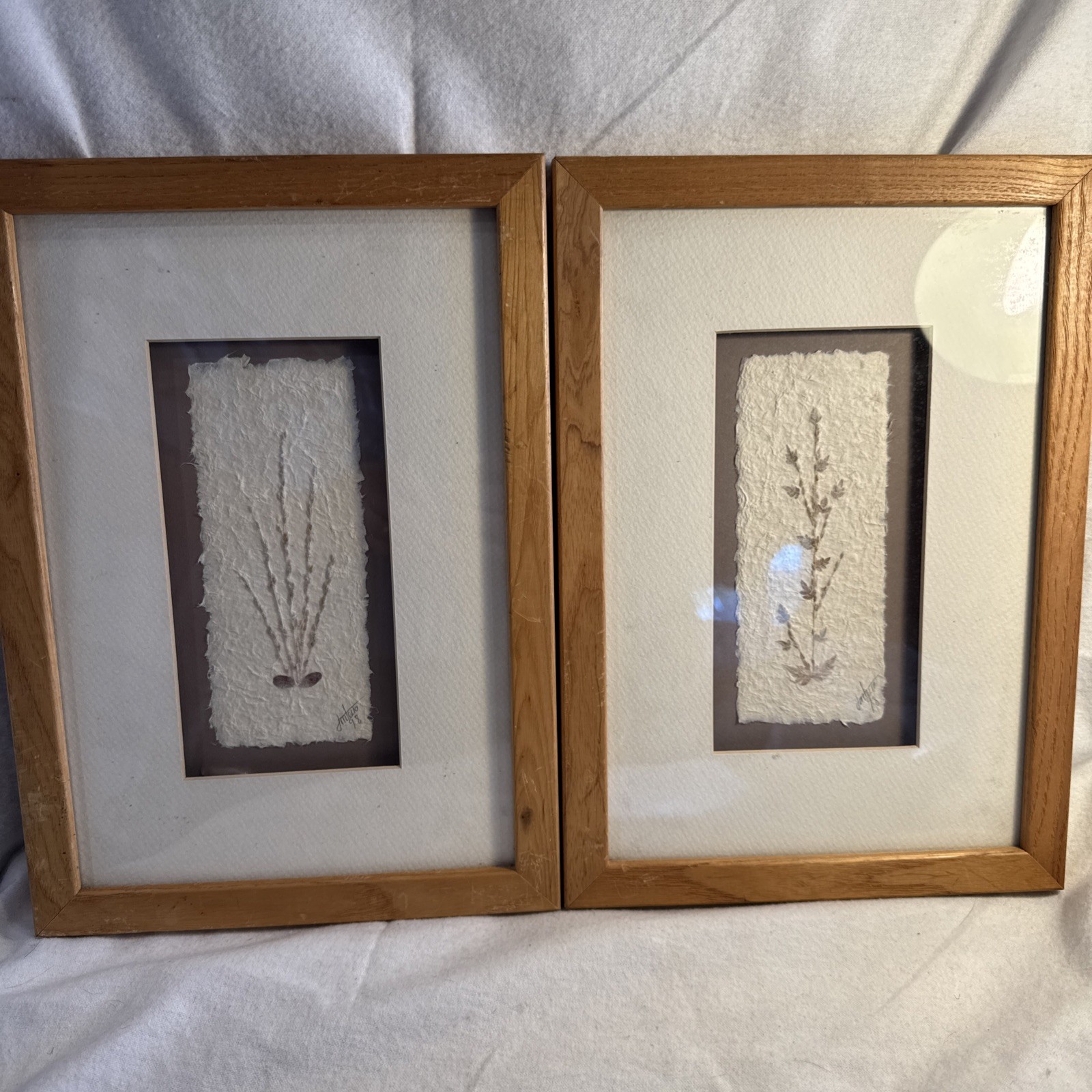 Set Of 2 Botanical Prints, (1998) Pressed Stems/Handmade Paper/Wood Frames 8x12”