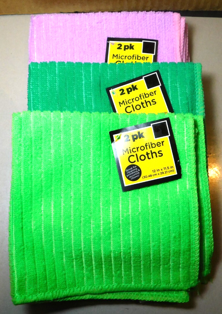 Base4~Microfiber Clothes 12" Set Of (6) Six Total (4 Green & 2 Pink)
