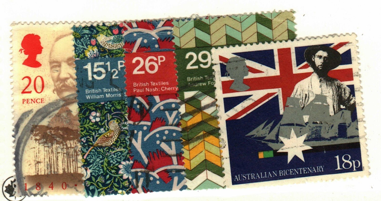 Great Britain #996, 998-9, 1222, 1326 used British textiles