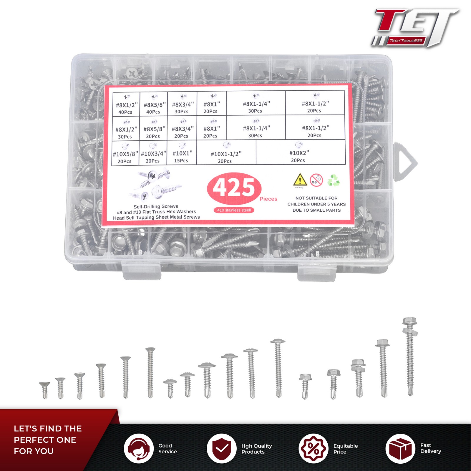425PC 410 Stainless Steel Self Tapping Screws #8#10 Self Drilling Assortment Set