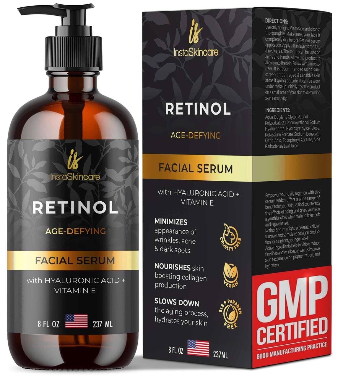 Retinol Face Serum 8oz with Hyaluronic Acid Vitamin A E Aloe Anti Aging Wrinkle