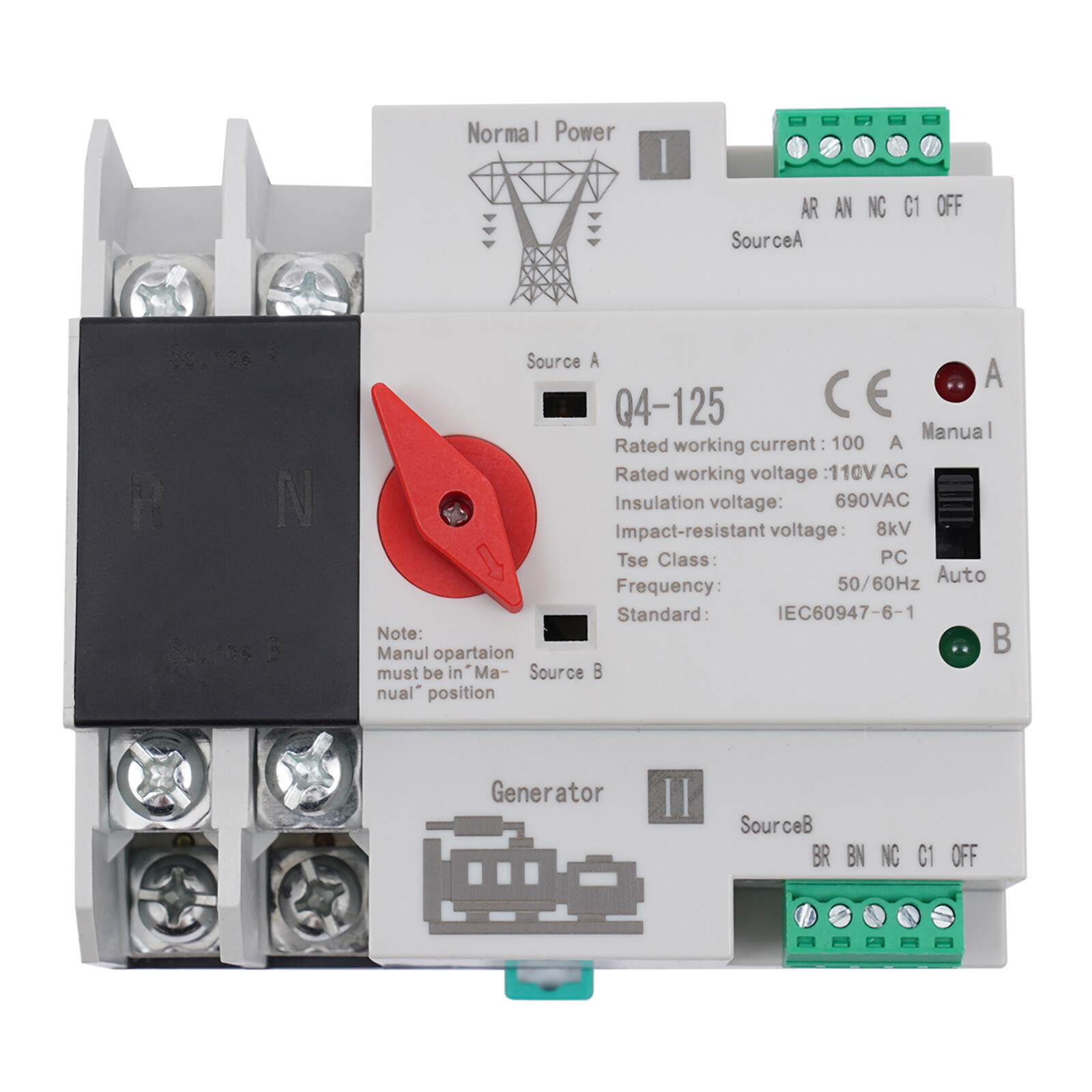 100A Automatic Transfer Switch Dual Power 2P Power Generator Changeover Switch