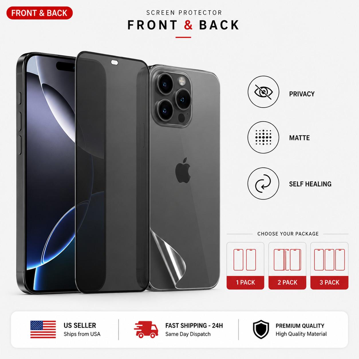 Front + Back Full Cover iPhone XR-17  Screen Protector Privacy Anti Spy Matte