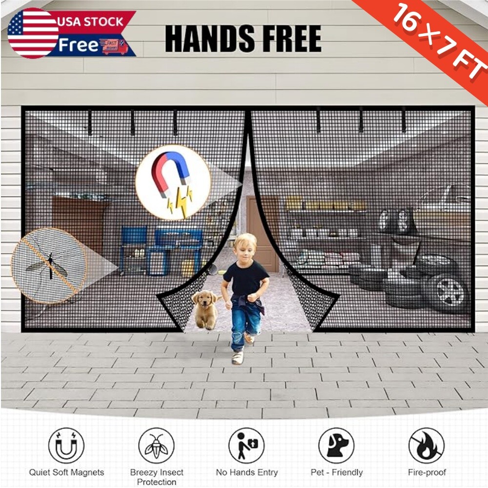 Magnetic Garage Door Screen 16 x 7ft for 2 Cars Heavy-Duty Garage Net Fiberglass