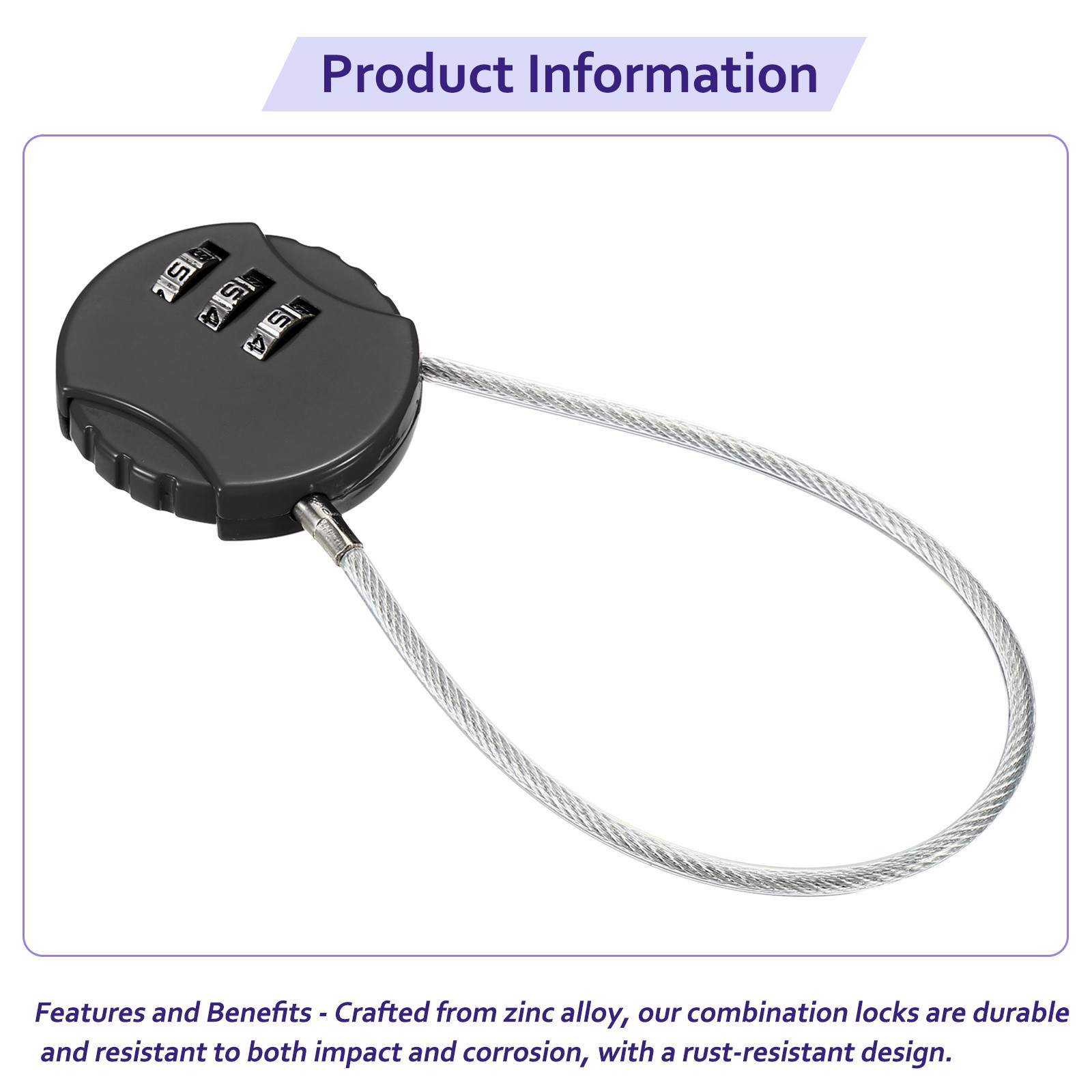 3 x Small Combination Locks 3 Digit Outdoor Code Padlocks Wires Ropes 8" Black