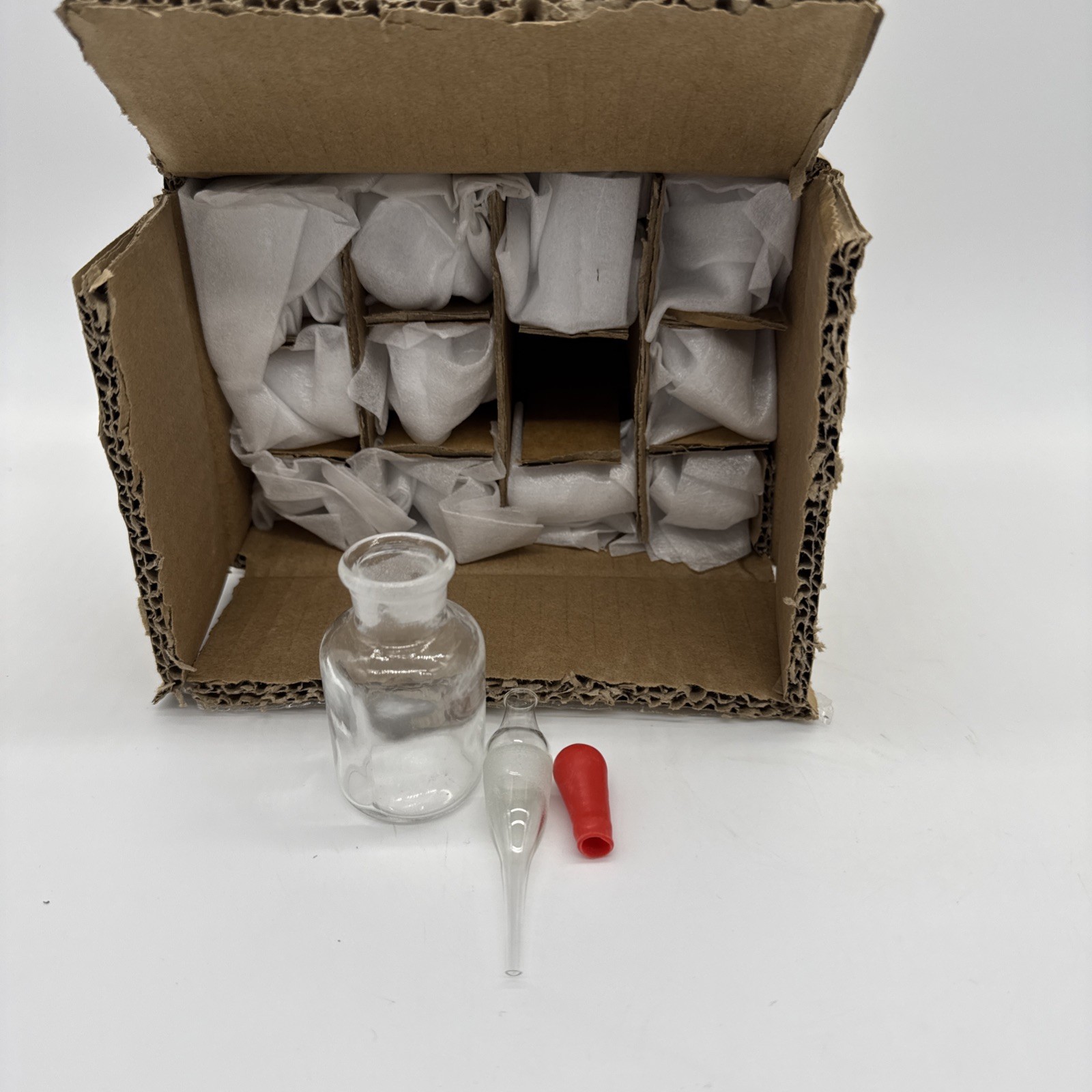 Lot of 12 Clear Glass Dropping Bottles w/ Dropper & Red Bulb Lab Reagent 30mL