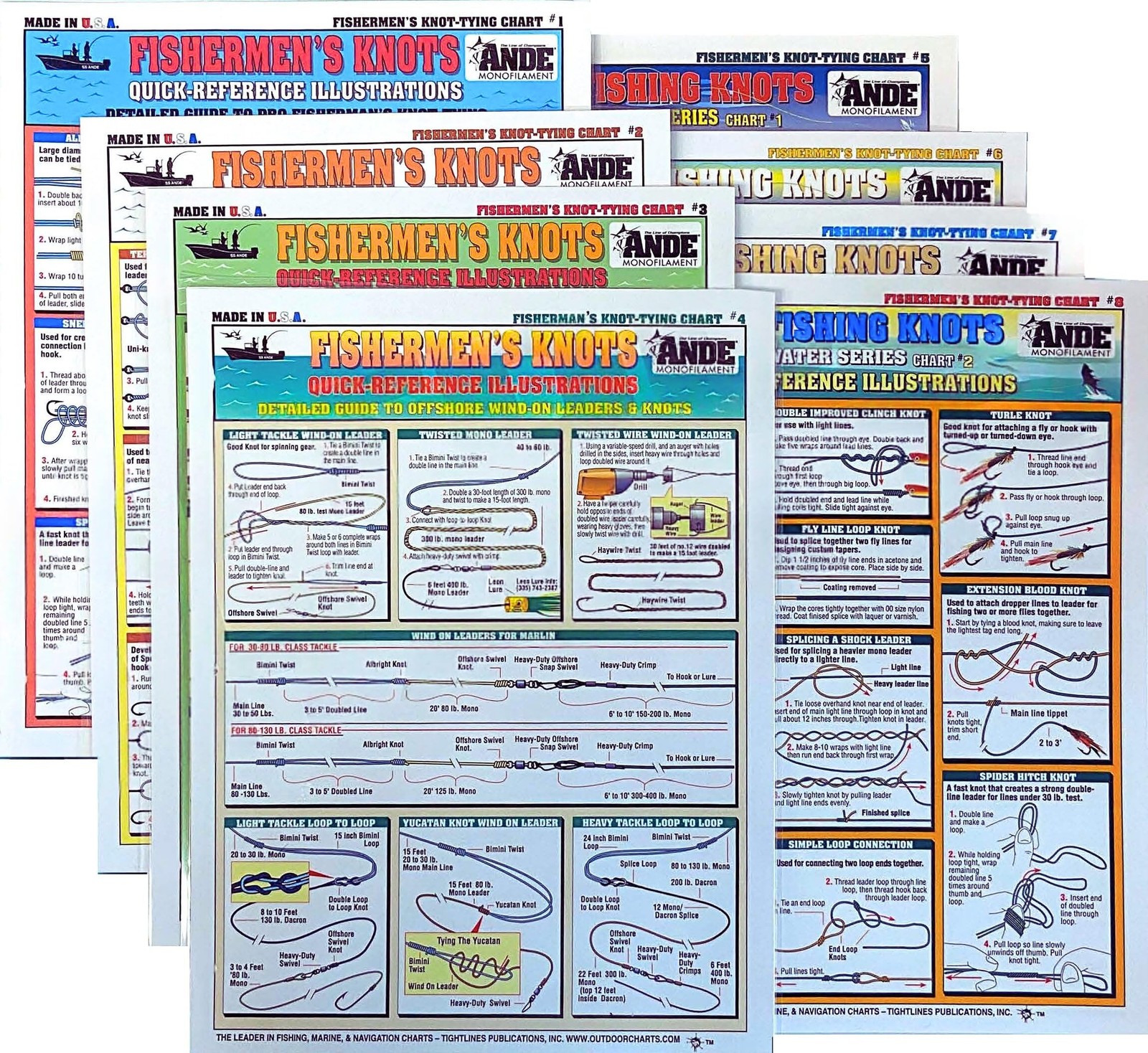 Fishing Knot Tying Chart Set #1-8 - Waterproof Quick Reference Guide to Essen...