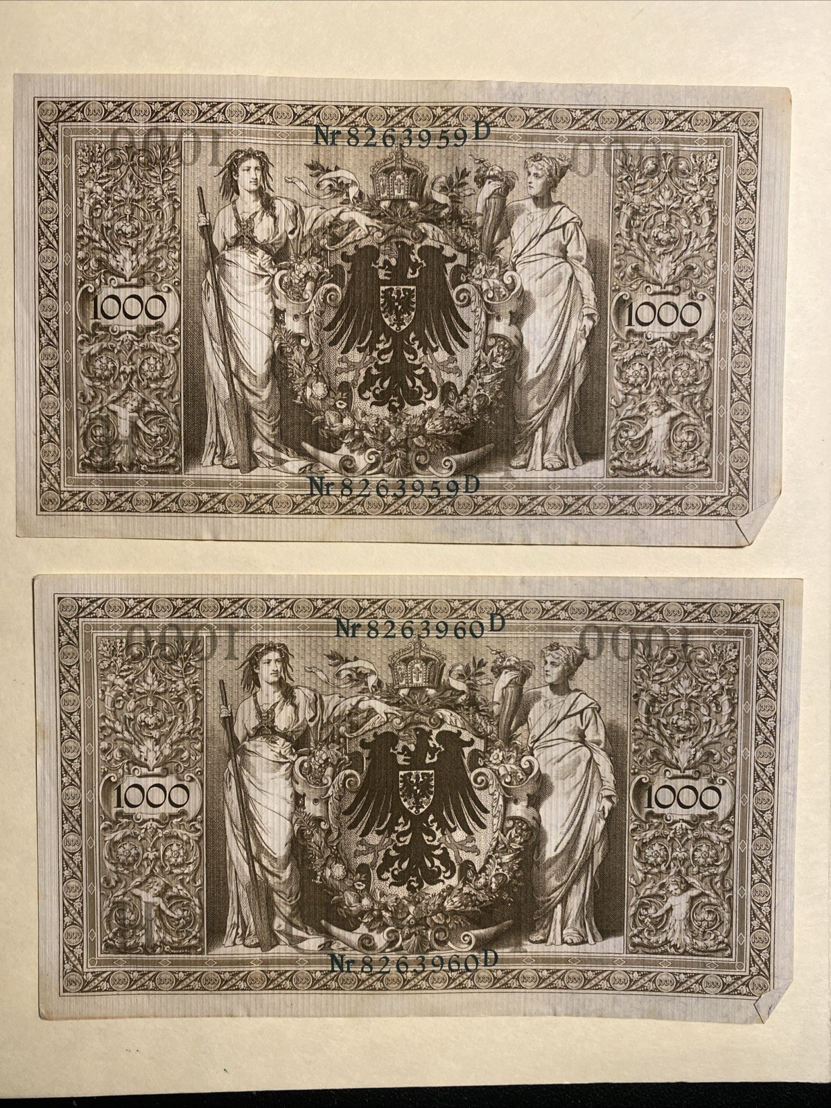 Germany 1910 1000 Marks 6pcs Consecutive Serial Numbers