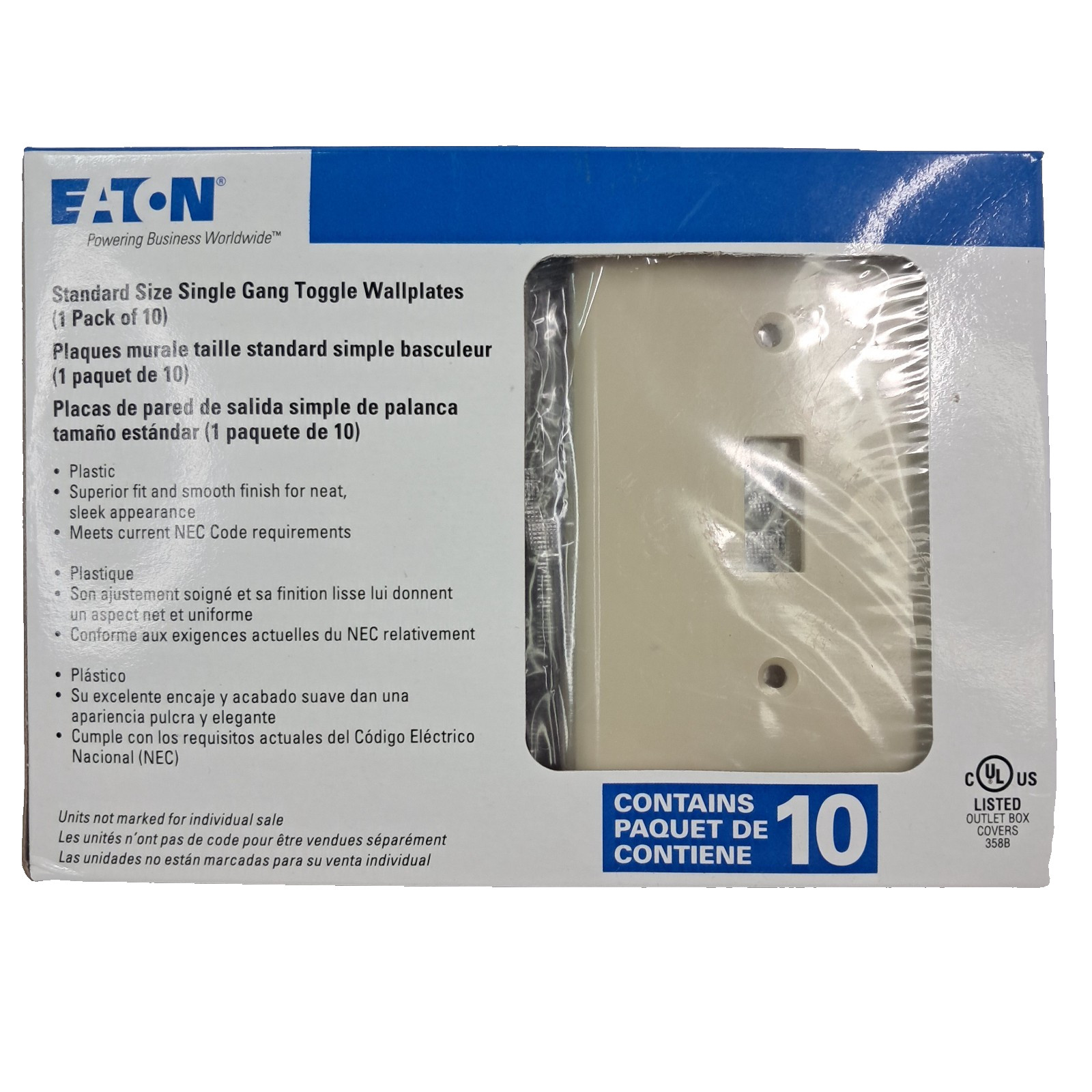 Eaton Std. Size Single Gang Toggle Wallplates Light Swtch 2134V-10-LW Ivory 10pk