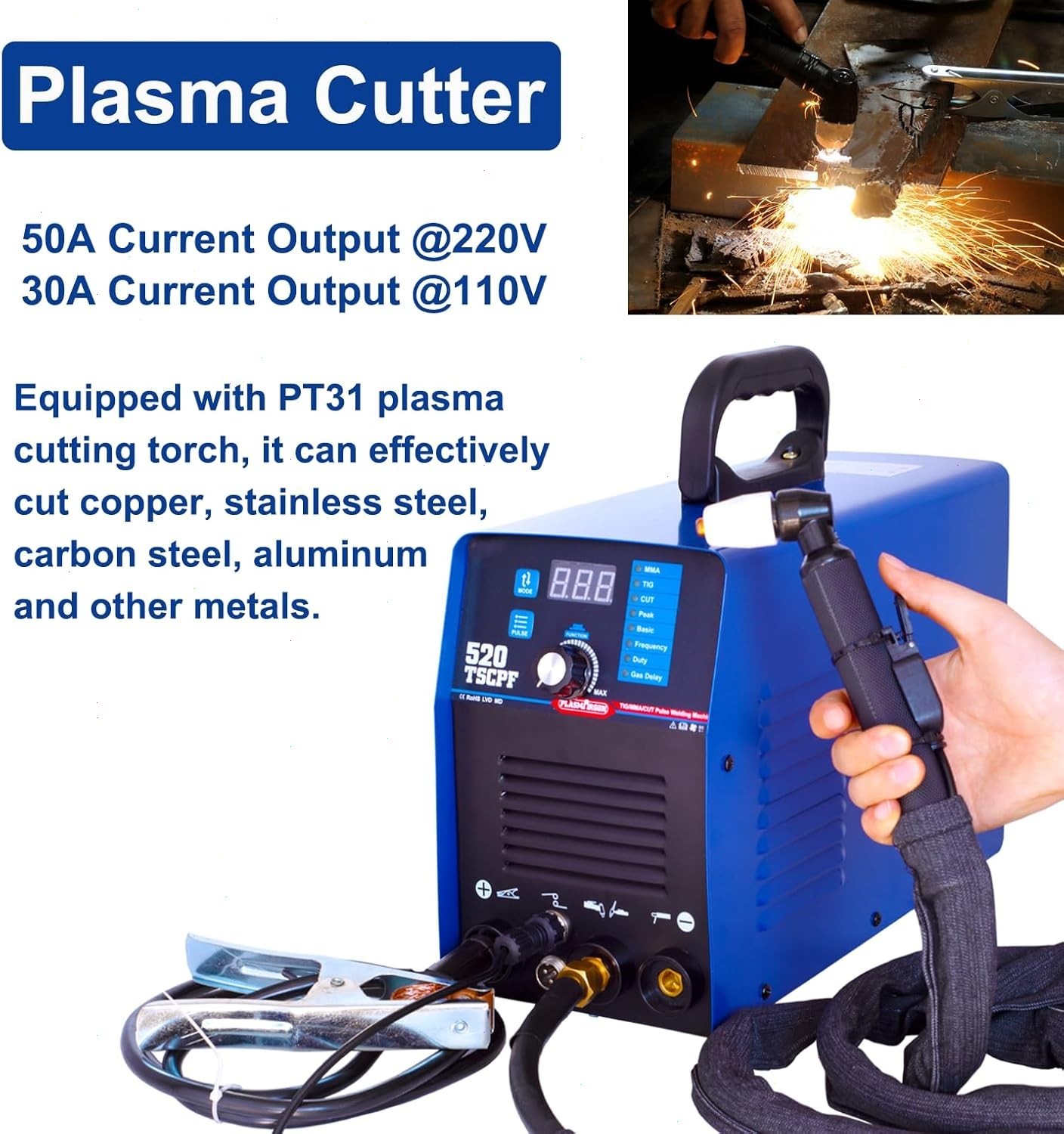 520TSCPF 3-IN-1 110V/220V Plasma Cutter Welder Machine HF 50A CUT/200A TIG/MMA