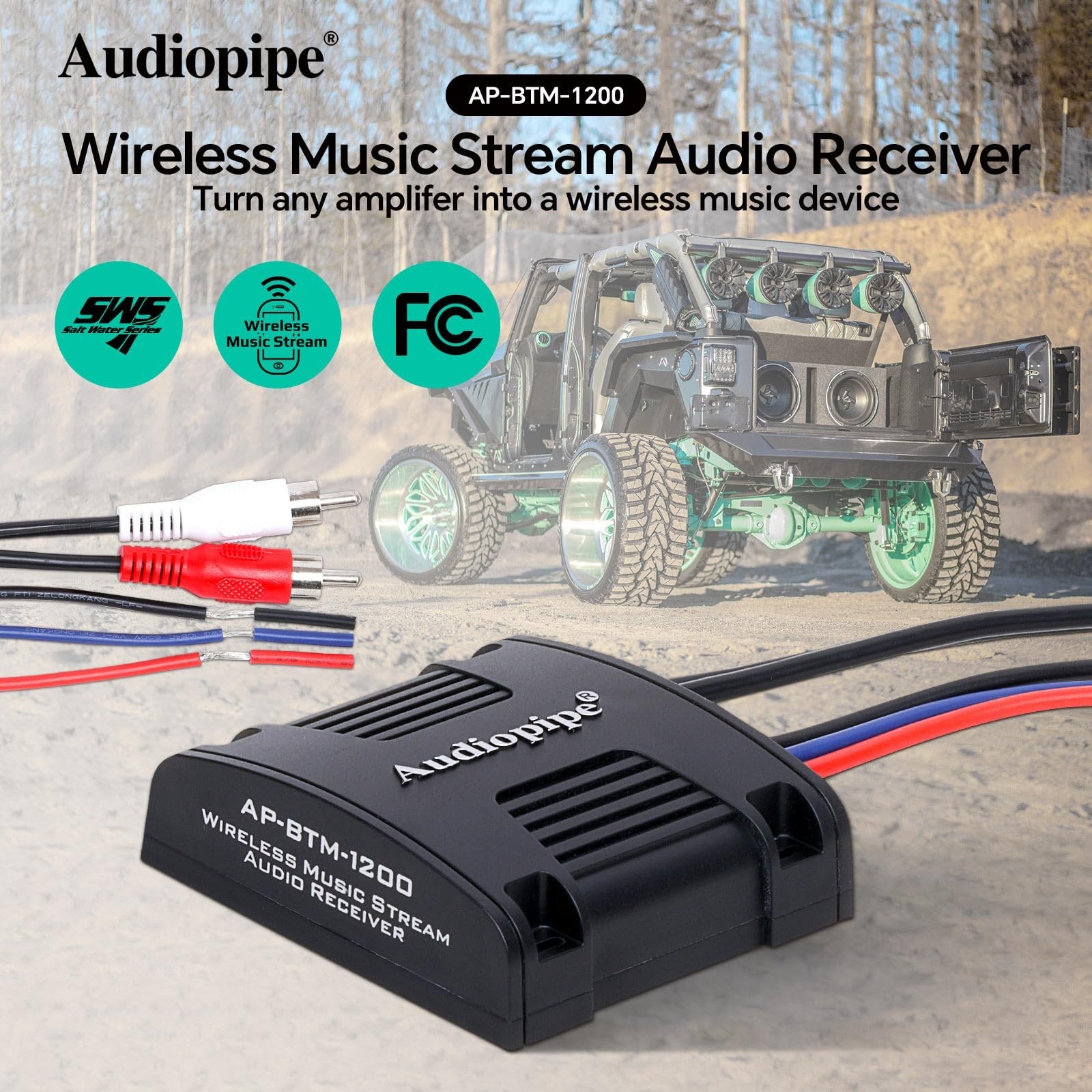 Wireless Marine Audio Receiver, Bluetooth 5.0 Adapter, RCA Outputs for ATV, UTV,