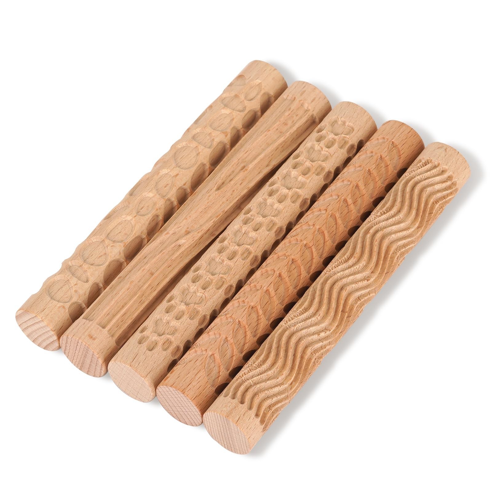 Set of 5 Wooden Handle Pottery Tools Clay Modeling Pattern Rollers Kit Brown ...